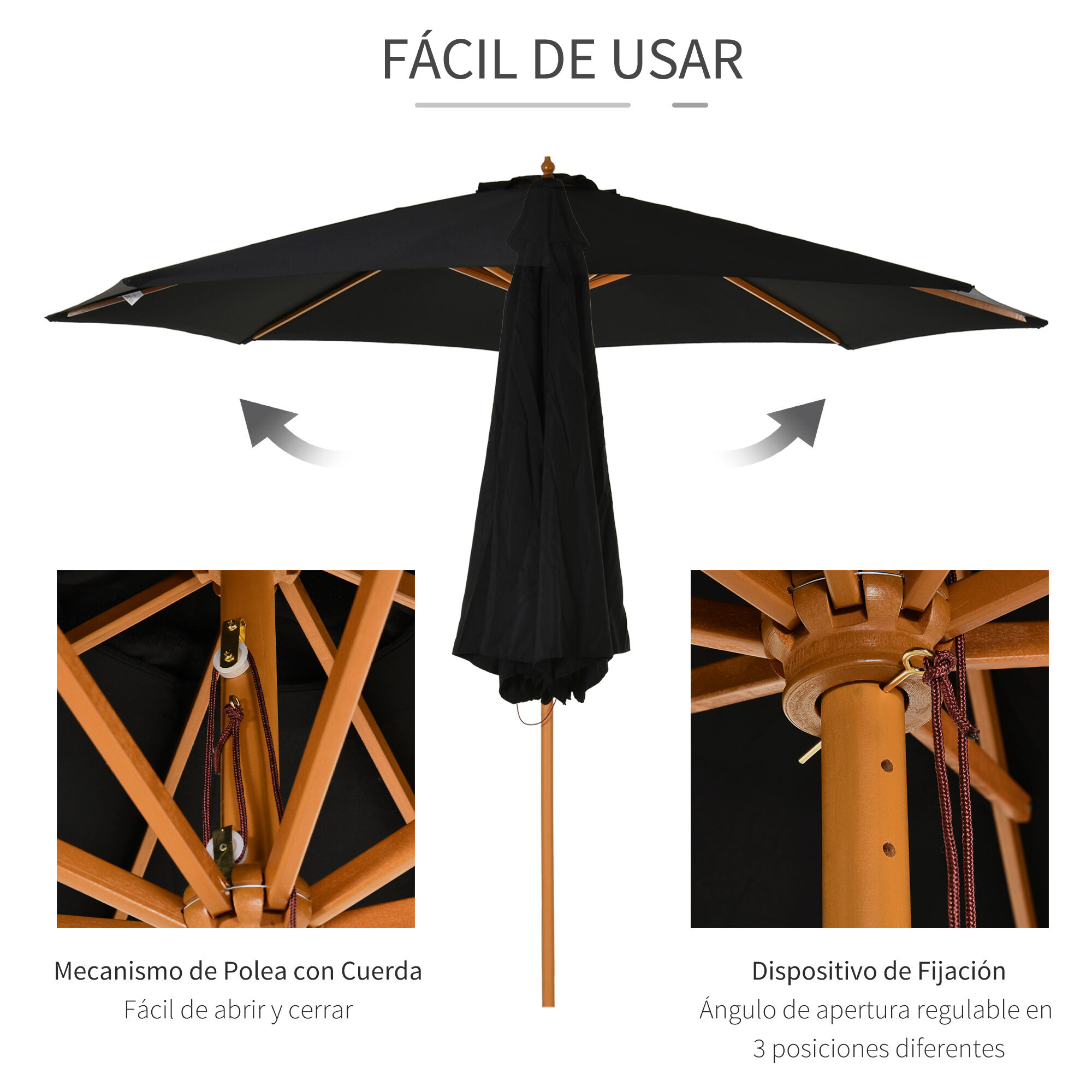 Outsunny Sombrilla Parasol de Jard&iacute;n &Oslash;300x250 cm con Sistema de Pestillo de Fijaci&oacute;n Techo Ventilado y Poste Desmontable de Madera para Terraza Patio Exterior Negro, , large Imagen numero 4