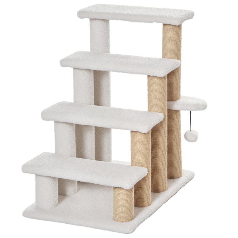 PawHut Escalera para Gatos de 4 Niveles, Escalera para Mascotas, Cubierto de Suave Felpa, Poste de Yute, Bola Colgante, Árbol Rascador para Gatos, 60x40x64 cm, Blanco