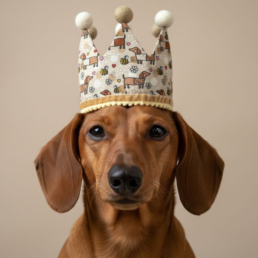 Gorro de cumplea&ntilde;os forma de corona -- Hecha a mano - Estampado de Perro Salchicha Feliz - Marr&oacute;n, , large Imagen numero 3
