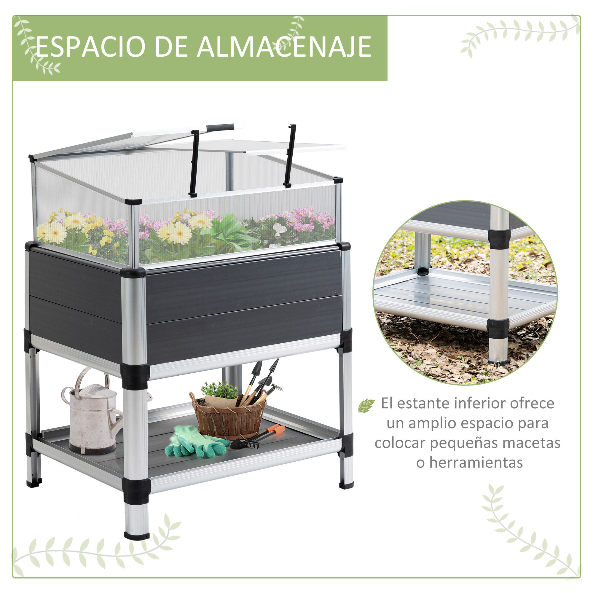 Outsunny Huerto Urbano Elevado de Aluminio 78,5x61x99,5 cm Macetero con Cubierta de Policarbonato Techos Abatibles y Estante Inferior para Cultivos Planta Flores Gris, , large Imagen numero 5