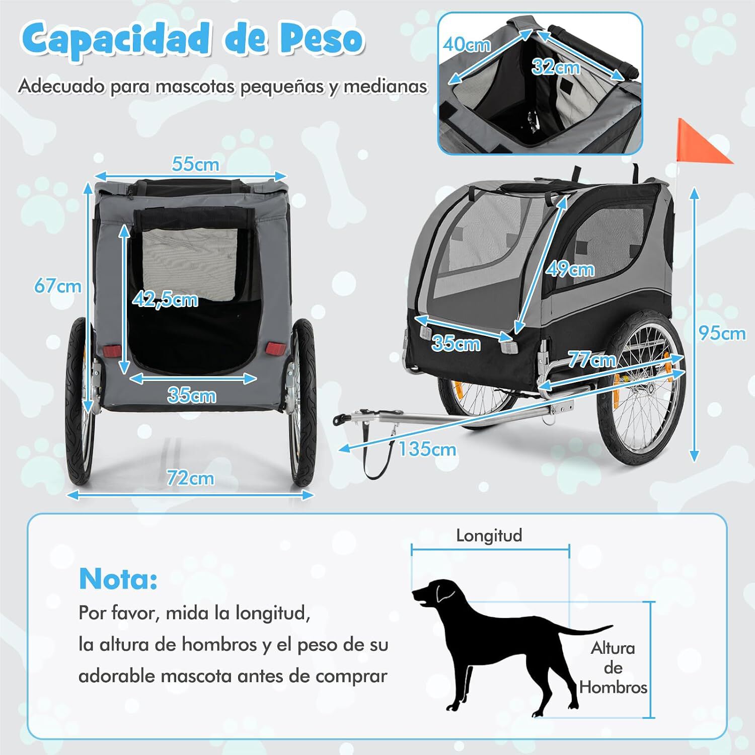 COSTWAY Remolque de Bicicleta para Mascotas, Remolque Bicicleta Perros Peque&ntilde;os y Medianos con Ruedas, Transportador de 2 Puertas con Techo Solar, Capacidad 40 kg, 60,5 x 135 x 95 cm, , large Imagen numero 3