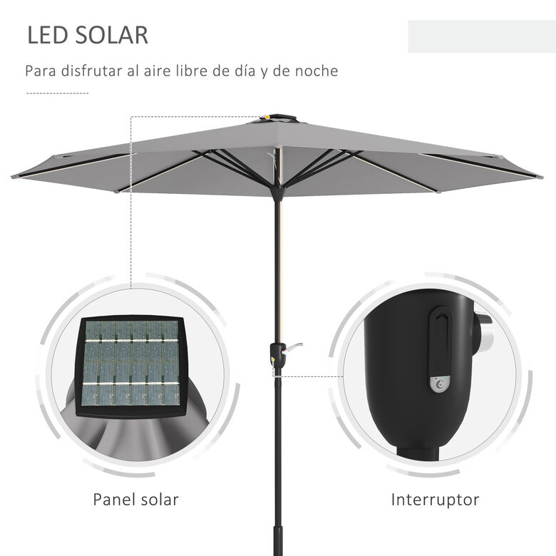 Outsunny Sombrilla De Jardín Parasol De Terraza Con Luces Led Gris Claro thumbnail