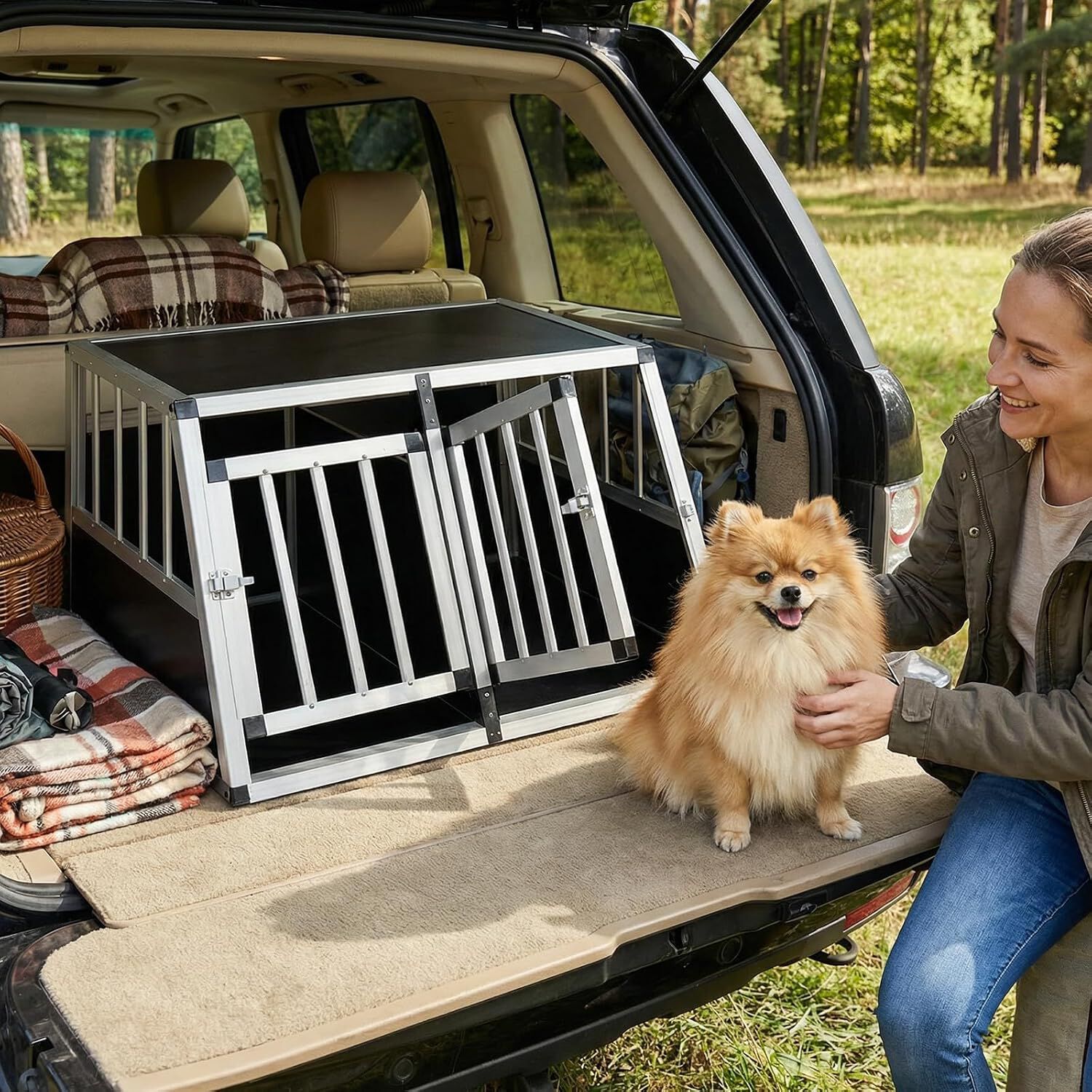 COSTWAY Transportin Perro Coche, Caja de Transporte de Aluminio para 2 Perros con Puerta Bloqueable, Divisor Extra&iacute;ble, Jaula para Perros Peque&ntilde;as y Medianos, Coche, Viaje y Camping, 89x69x50,5 cm, , large Imagen numero 2