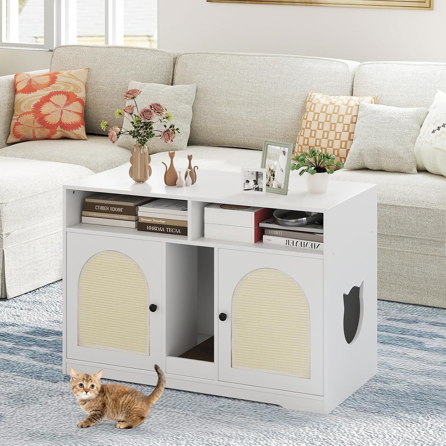 COSTWAY Caja de Arena para Gatos para 2 Gatos, Mueble Oculto para Ba&ntilde;o con Almacenamiento, Habitaciones Dobles, Rascador y 2 Alfombrillas de Sisal, Mesa Auxiliar de Madera para Interior, , large Imagen numero 2