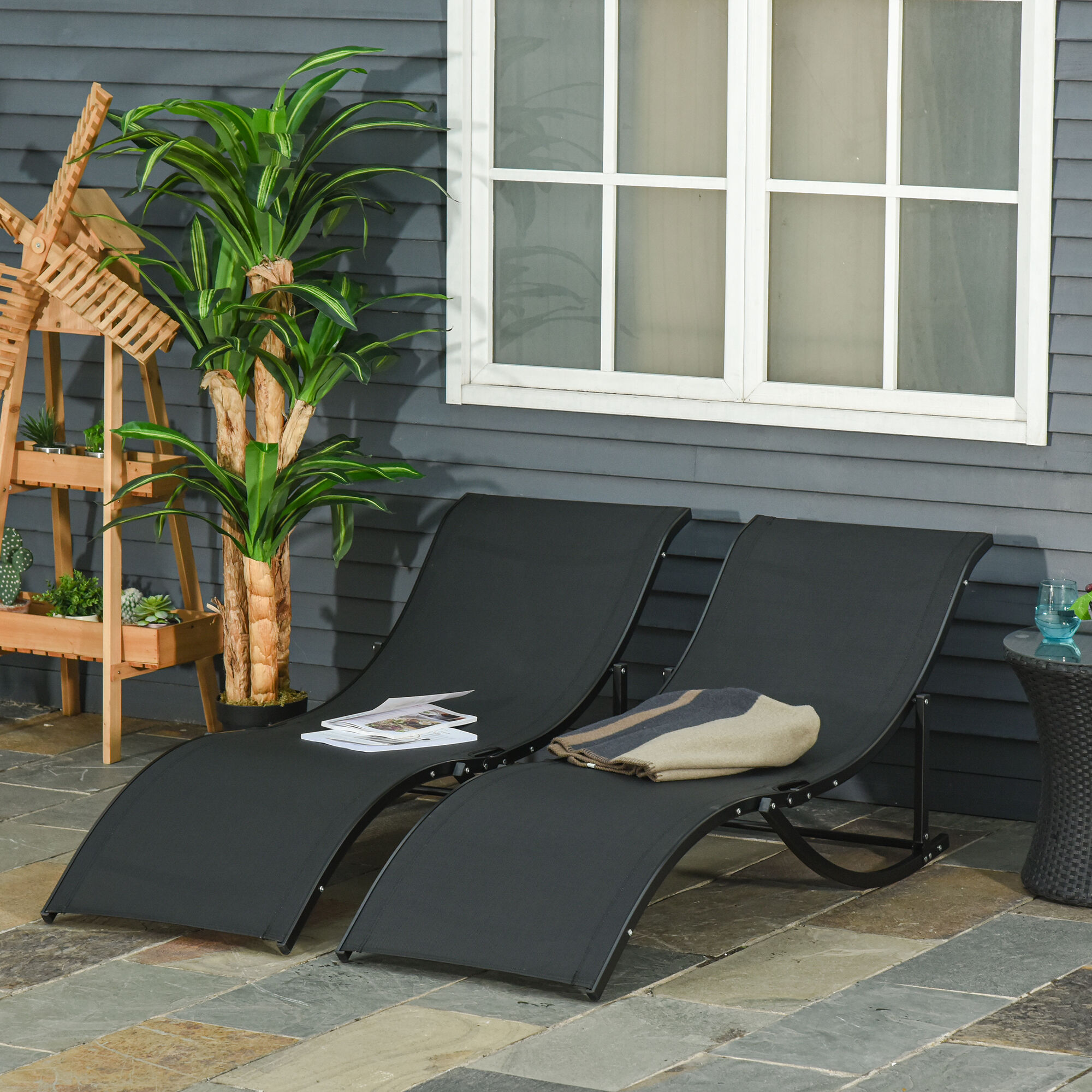 Outsunny 2 Tumbonas Plegables de Aluminio en Forma de S Ergon&oacute;mica con Tela Texteline para Piscina Patio Jard&iacute;n Terraza 165x61x63 cm Negro, , large Imagen numero 2