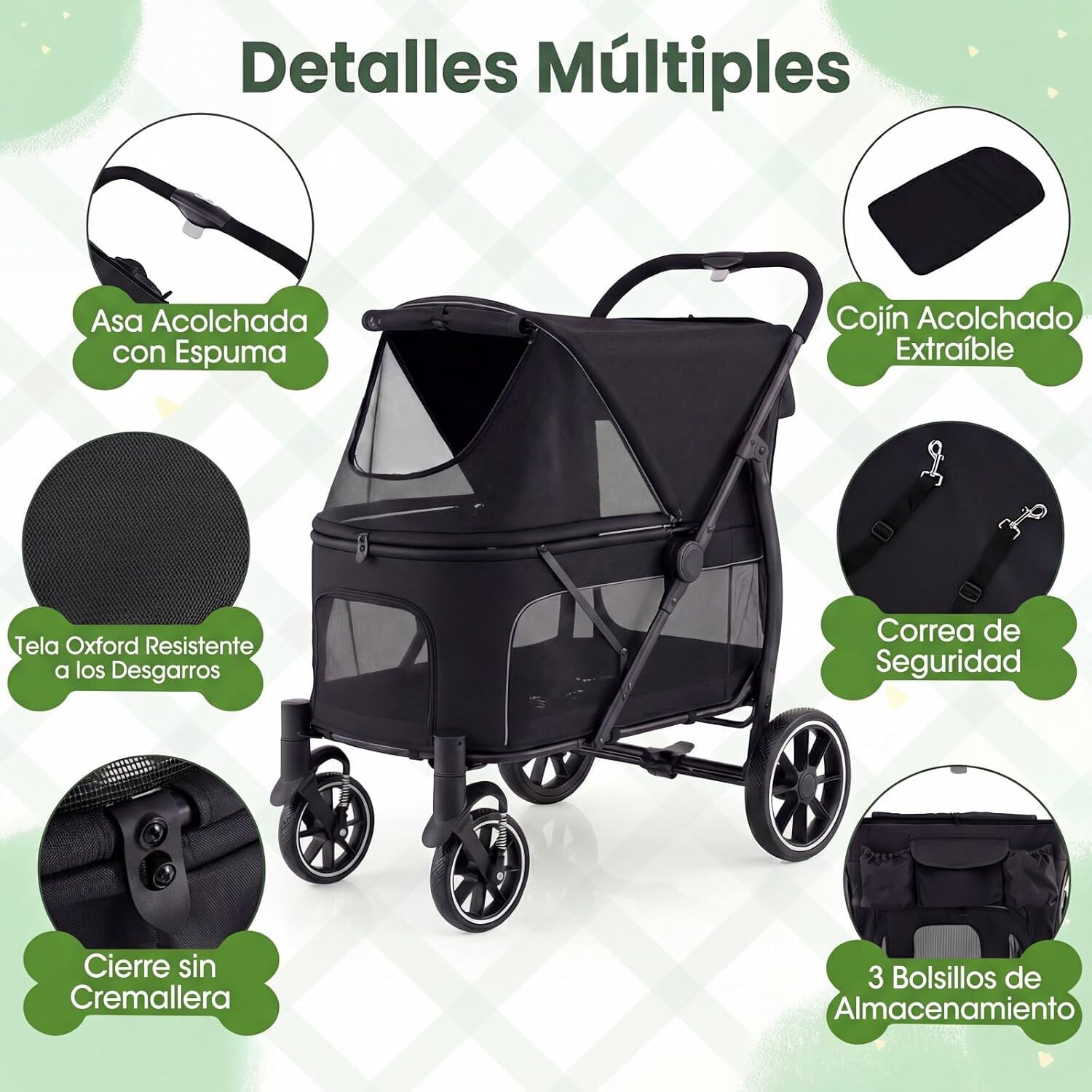 COSTWAY Carrito para Perros Plegable Grande, Cochecito para Mascotas con Ruedas, Toldo Ajustable de Malla, Bolsillos de Almacenamiento y Cintur&oacute;n de Seguridad, Carga 40 kg, 96 x 71 x 102,5 cm, Negro, , large Imagen numero 3