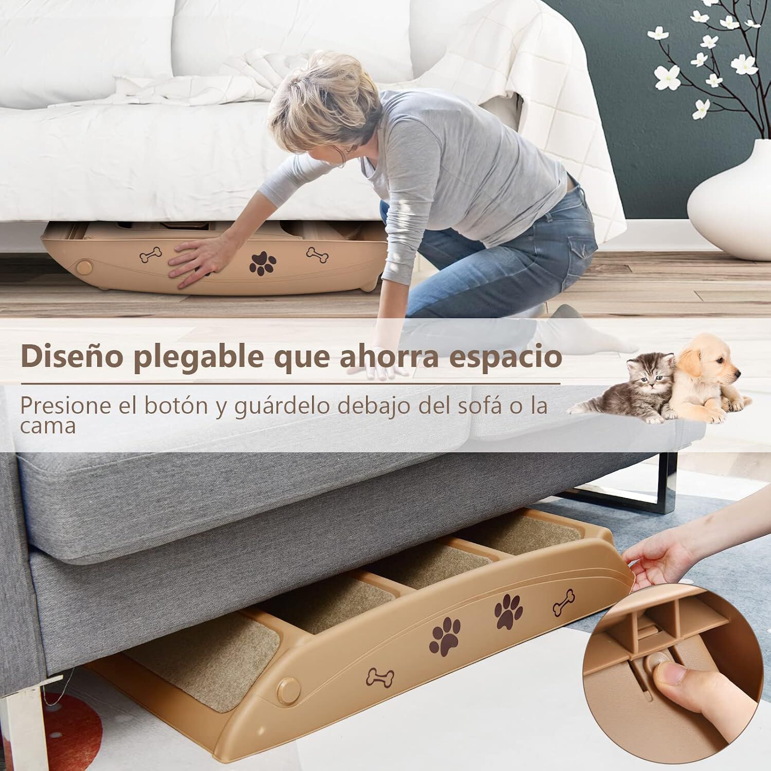 COSTWAY Escalera de Pl&aacute;stico Plegable para Mascotas con 4 Pelda&ntilde;os, Fieltro Blando, Ideal para Mascotas de Talla Peque&ntilde;a y Mediana (marr&oacute;n), , large Imagen numero 3