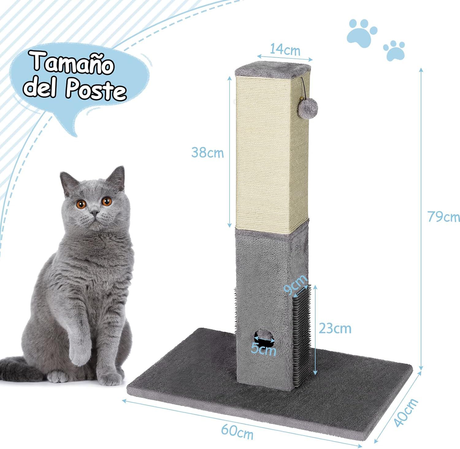 COSTWAY Rascador para Gatos con Juguete, Poste Rascador para Gatos con 79 cm de Altura, Ara&ntilde;ador para Gatos con Cuerda de Sisal y Plataforma de Masaje, Rascador de Madera de Ingenier&iacute;a, Gris, , large Imagen numero 4