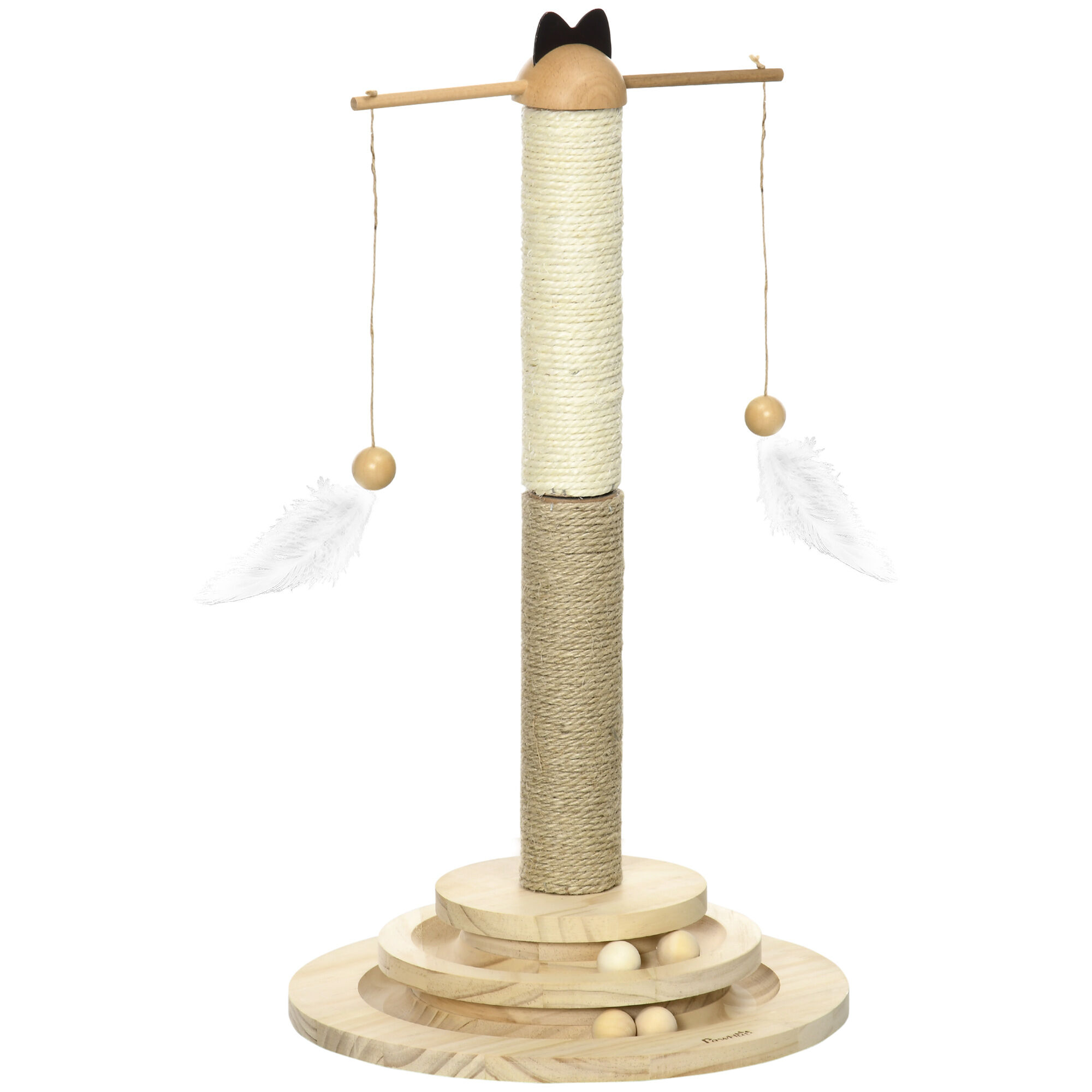 PawHut &Aacute;rbol Rascador para Gatos de Madera Altura 56 cm Torre para Gatos Centro de Actividades para Gatitos con Poste de Yute y Sisal Bolas para Jugar &Oslash;32x56 cm Natural, , large Imagen numero 1