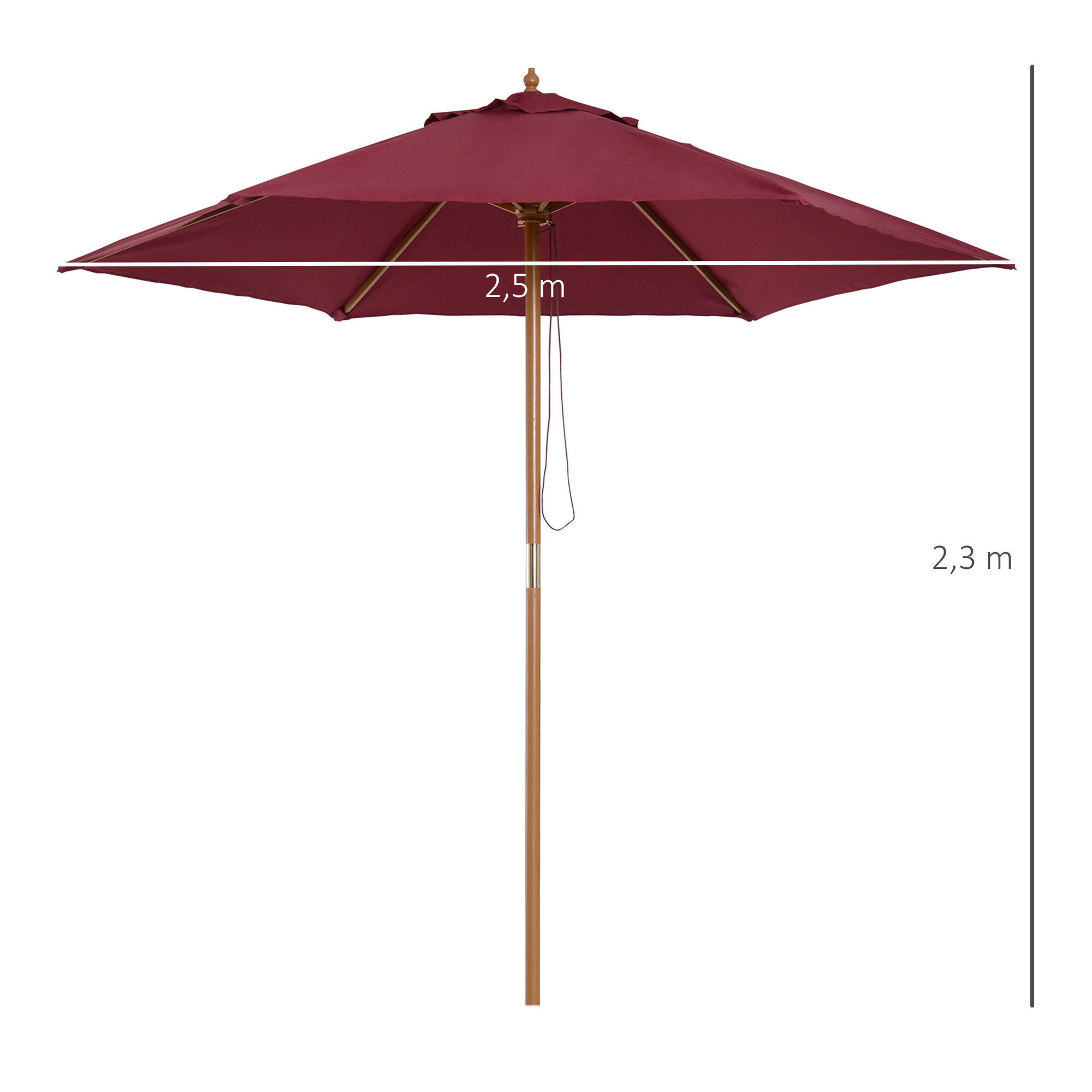 Outsunny Sombrilla Parasol de Madera &Oslash;250x230cm para Exterior con 6 Varillas Sistema de Cuerda con Fijaci&oacute;n Desmontable Port&aacute;til F&aacute;cil de Guardar y Transportar Rojo Vino, , large Imagen numero 3