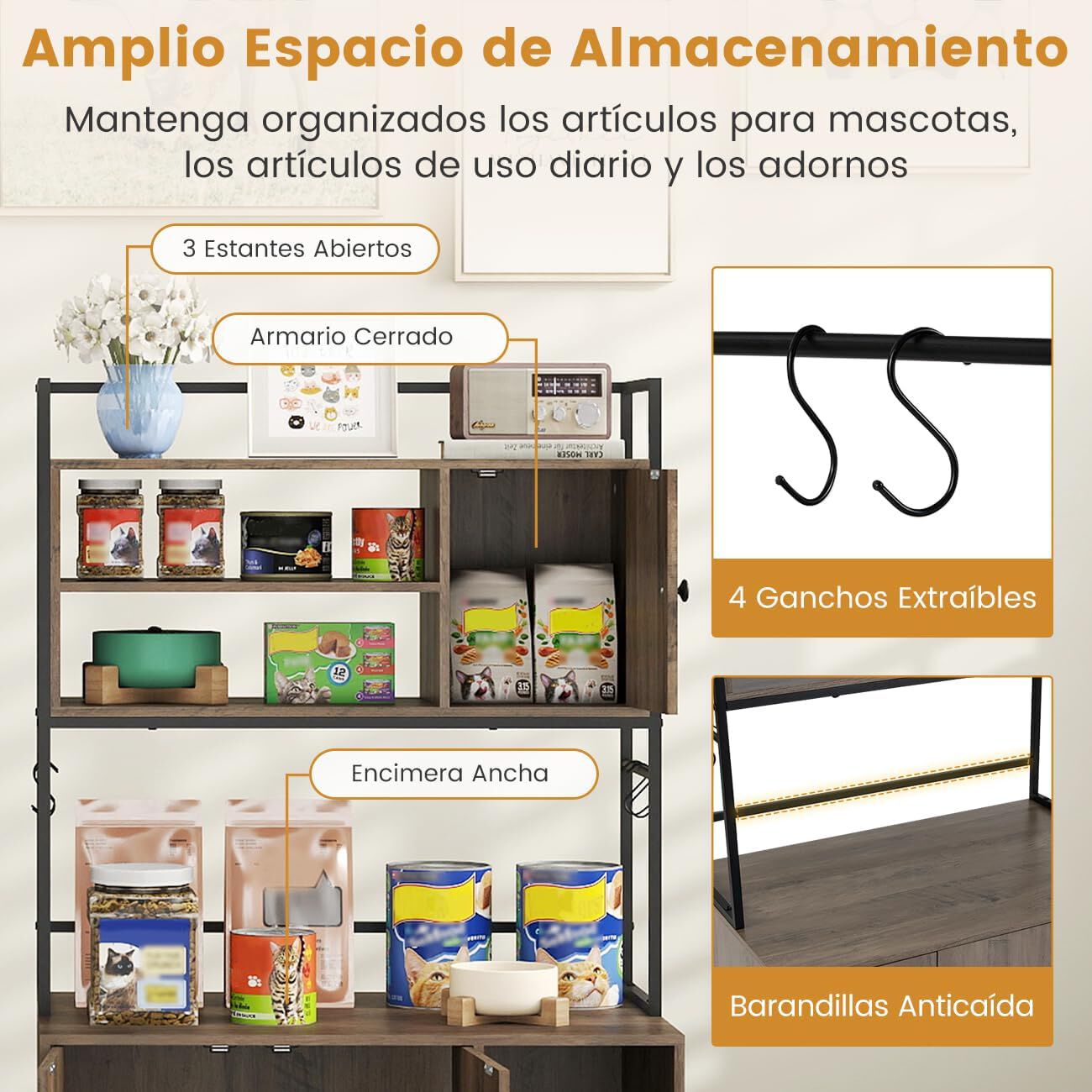 COSTWAY Mueble Arenero para Gatos, 78x51x137 cm, Caja de Arena Grande para Gatos con Estantes de Almacenamiento, Ganchos y Tablero Rascador, Estructura Met&aacute;lica, Mueble Auxiliar Gato para Sal&oacute;n, , large Imagen numero 3