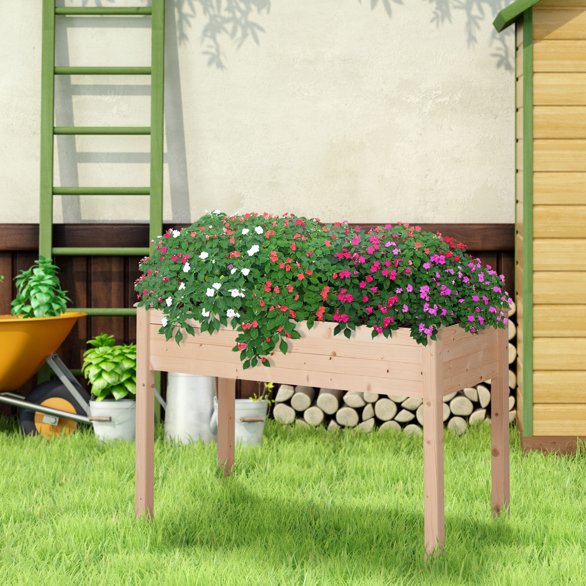 Outsunny Huerto Urbano Elevado de Madera 122,5x56,5x76 cm Jardinera Elevada Mesa de Cultivo con Tela no Tejida y 4 Orificios de Drenaje para Cultivos Plantas Flores Natural, , large Imagen numero 4