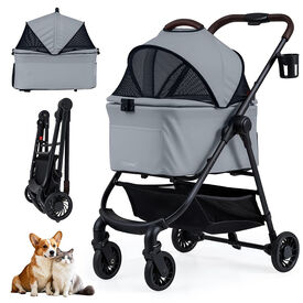 COSTWAY Carrito para Perros 3 en 1, Cochecito para Perros Plegable con Transport&iacute;n Desmontable, Toldo de Malla Ajustable, Cesta, Portavasos, Carro para Perro, Gato, Carga 15 kg, 76x53x100 cm (Gris)