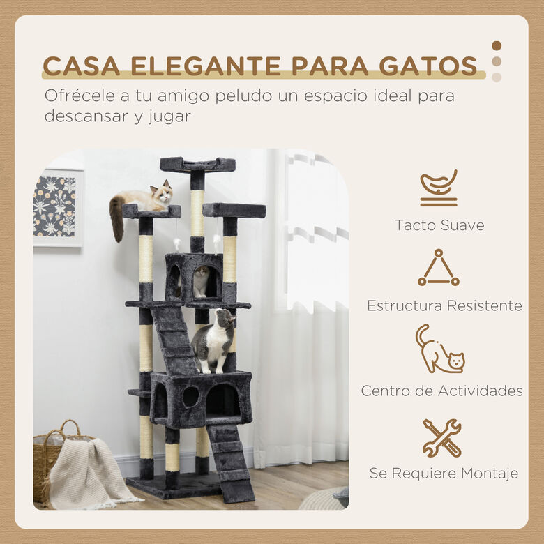 PawHut Árbol Rascador con Nidos Escaleras Juguetes Colgantes y Postes de Sisal Gris Oscuro para Gatos Grandes thumbnail
