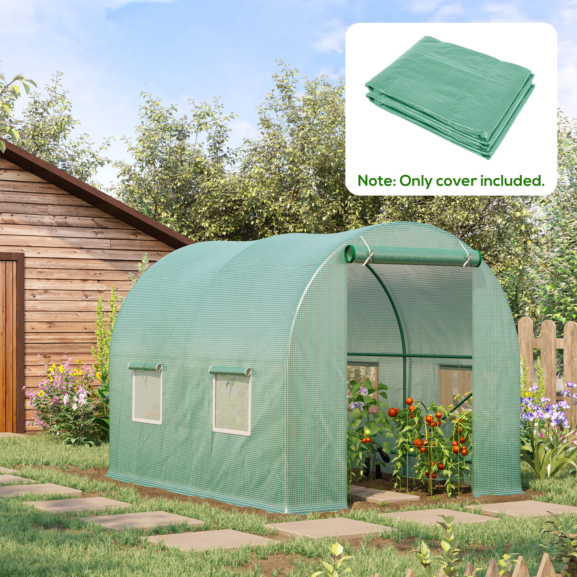 Outsunny Cubierta de Invernadero de T&uacute;nel 250x200x200 cm Cubierta de Repuesto Invernadero Polietileno con 4 Ventanas y Puerta Enrollable Protecci&oacute;n de Plantas para Jard&iacute;n Verde, , large Imagen numero 2