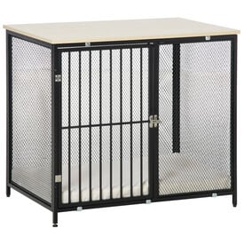 PawHut Jaula para Perros con Encimera lavable roble y negro