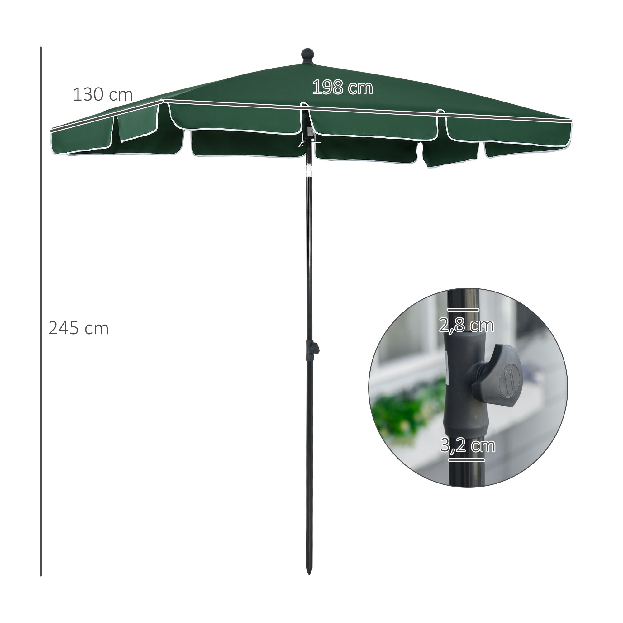 Outsunny Sombrilla de Jard&iacute;n de Aluminio 198x130x245 cm Parasol de Jard&iacute;n Rectangular con Funci&oacute;n de Inclinaci&oacute;n para Terraza Patio Exterior Verde, , large Imagen numero 3