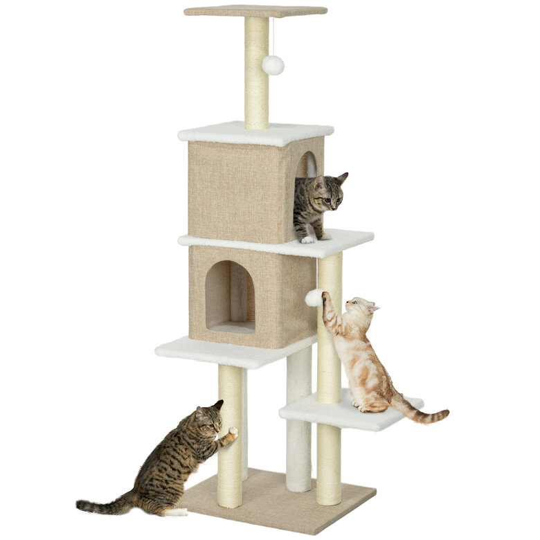 PawHut Árbol Rascador para Gatos de Borreguito Altura 140 cm Árbol para Gatos Torre para Gatos con 2 Nidos Plataformas Bolas Colgantes y Poste de Sisal Marrón Claro