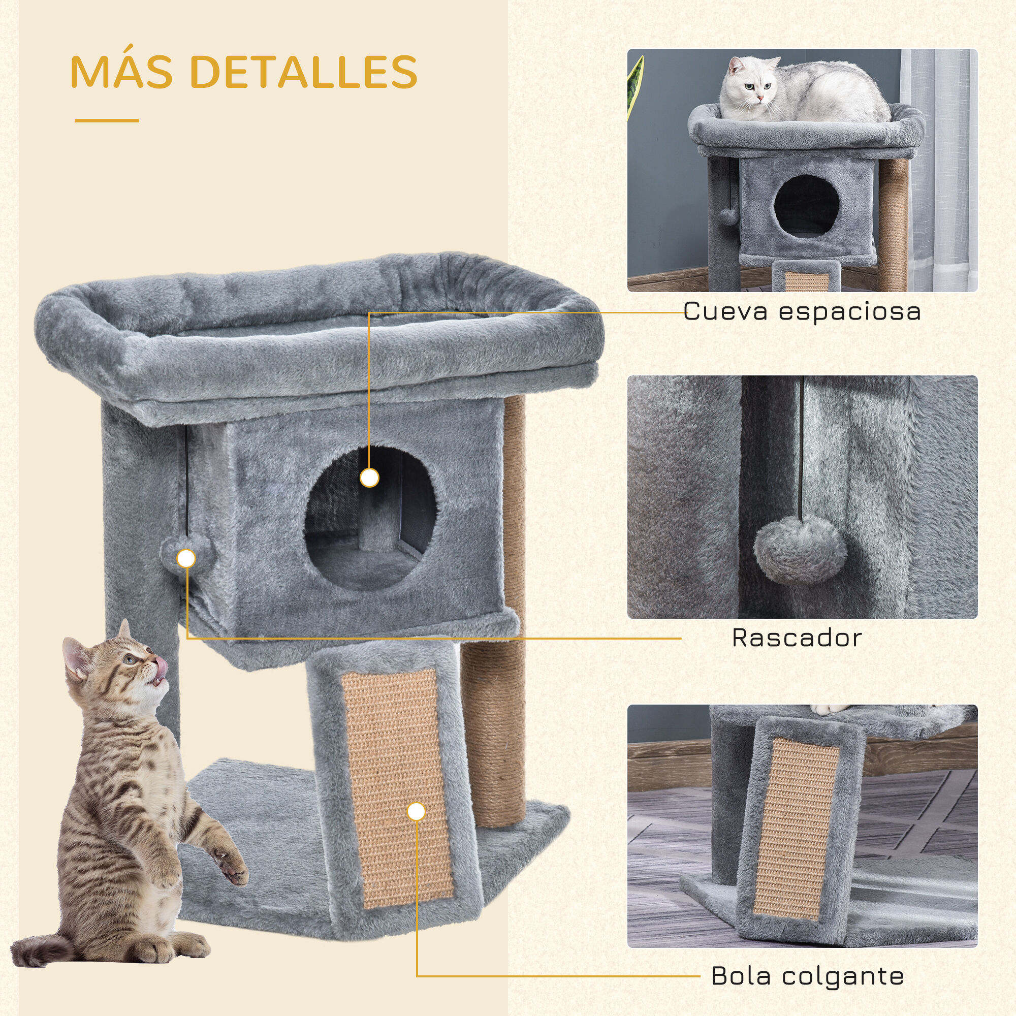 PawHut &Aacute;rbol Rascador para Gatos Peque&ntilde;os de 57 cm Torre para Gatos con Poste de Yute Rampa para Rascar Cama y Bola Colgante 40x40x57 cm Gris, , large Imagen numero 5