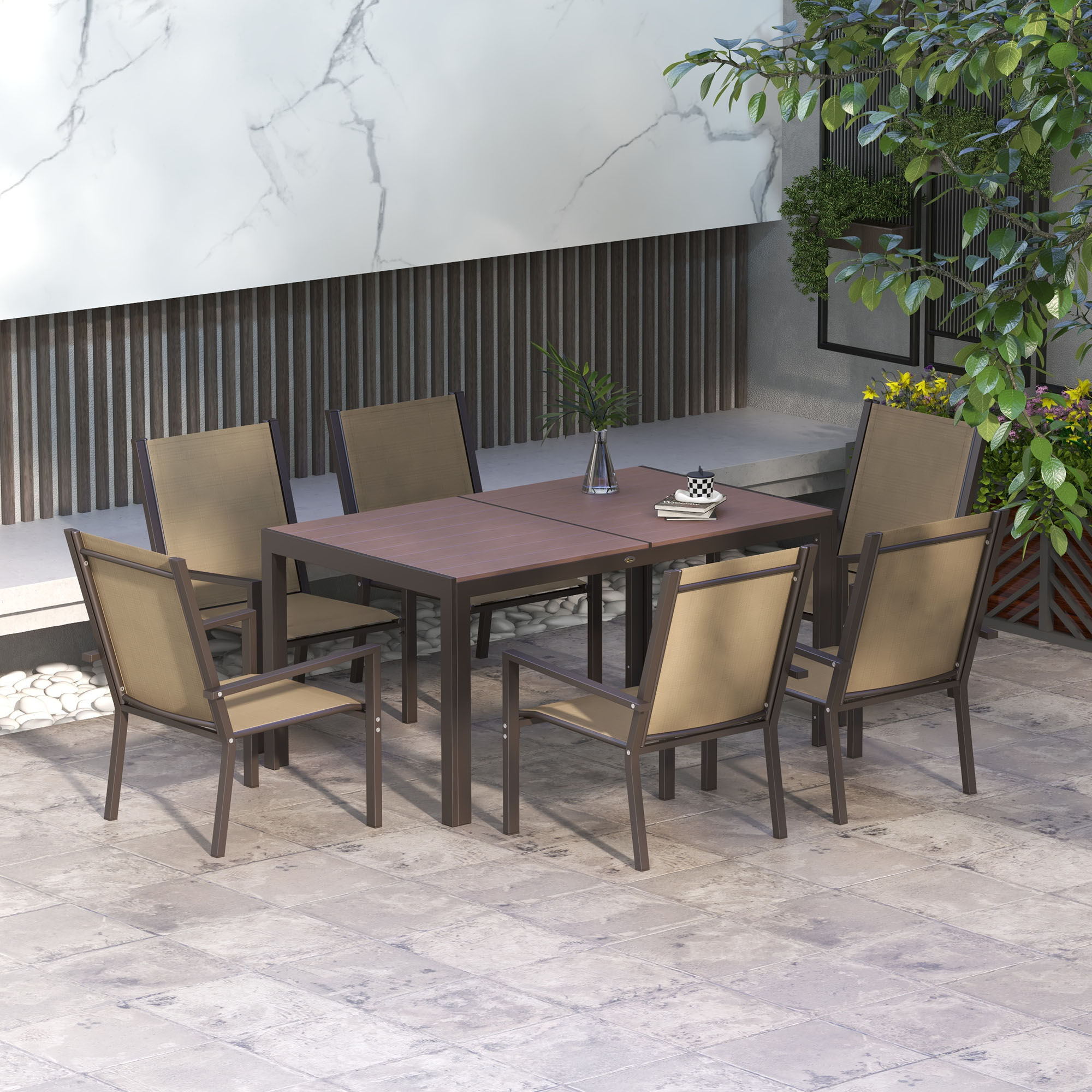 Outsunny Conjunto de Comedor de Exterior de 7 Piezas Conjunto de Mesa y 6 Sillas de Jard&iacute;n con Sillas Apilables y Marco de Acero para Terraza Patio Caqui, , large Imagen numero 2