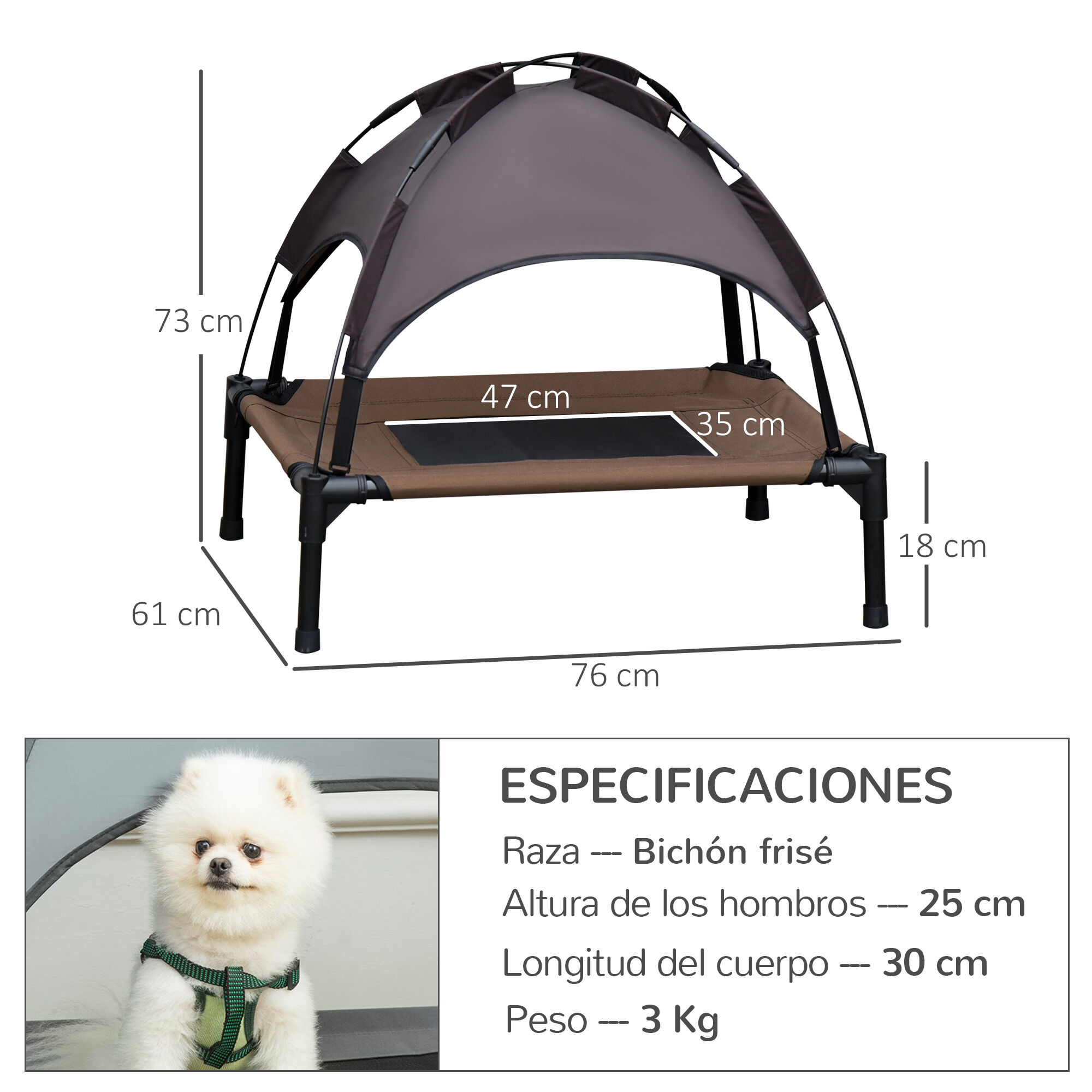 PawHut Cama Elevada para Mascotas Port&aacute;til con Toldo Extra&iacute;ble Tela Transpirable al Aire Libre para Interior y Exterior 76x61x73 cm Caf&eacute;, , large Imagen numero 3