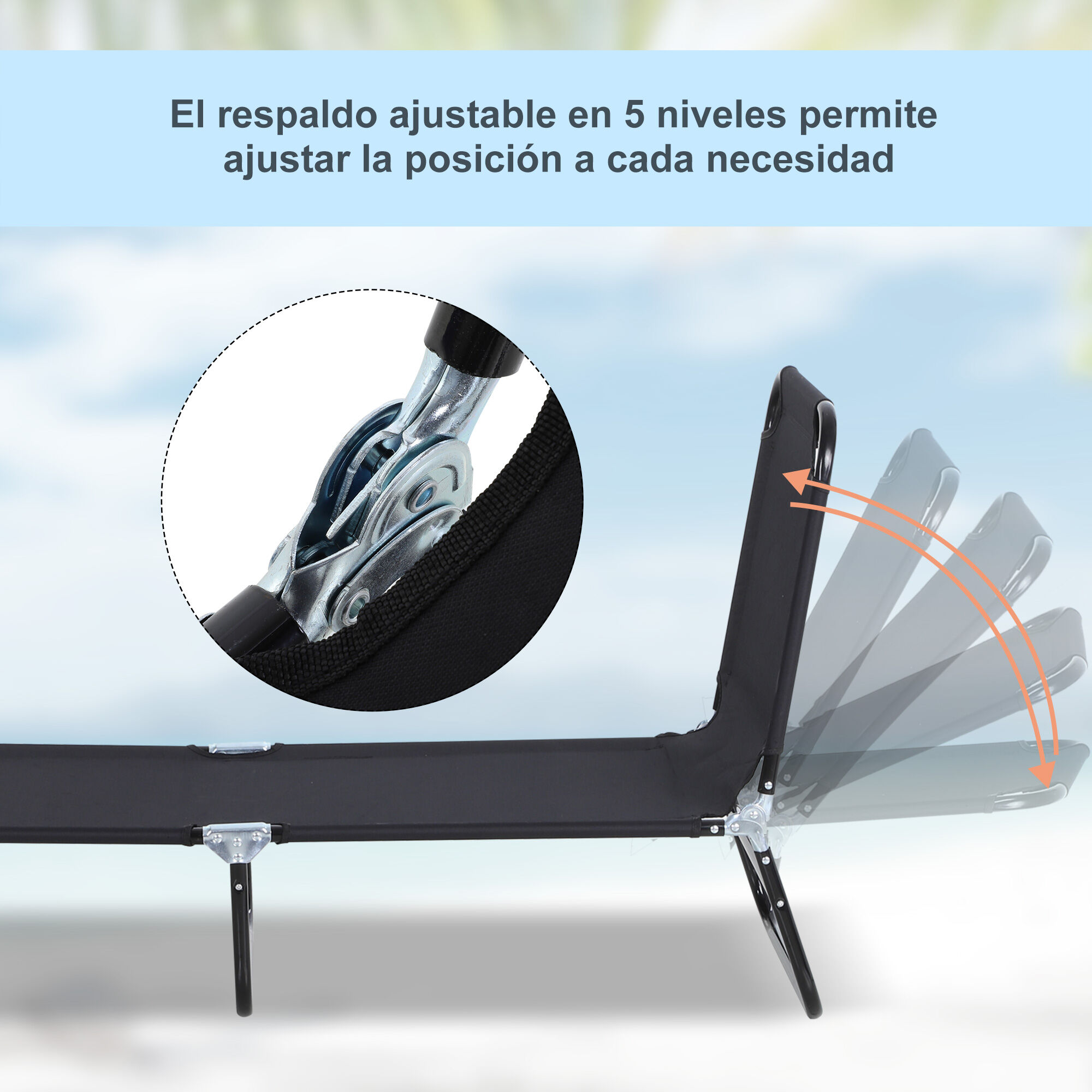 Outsunny Tumbona Plegable Reclinable con &Aacute;ngulo Ajustable de 5 Posiciones para Jard&iacute;n Exterior Piscina Terraza Camping Carga 120 kg 188x56x28 cm Negro, , large Imagen numero 4