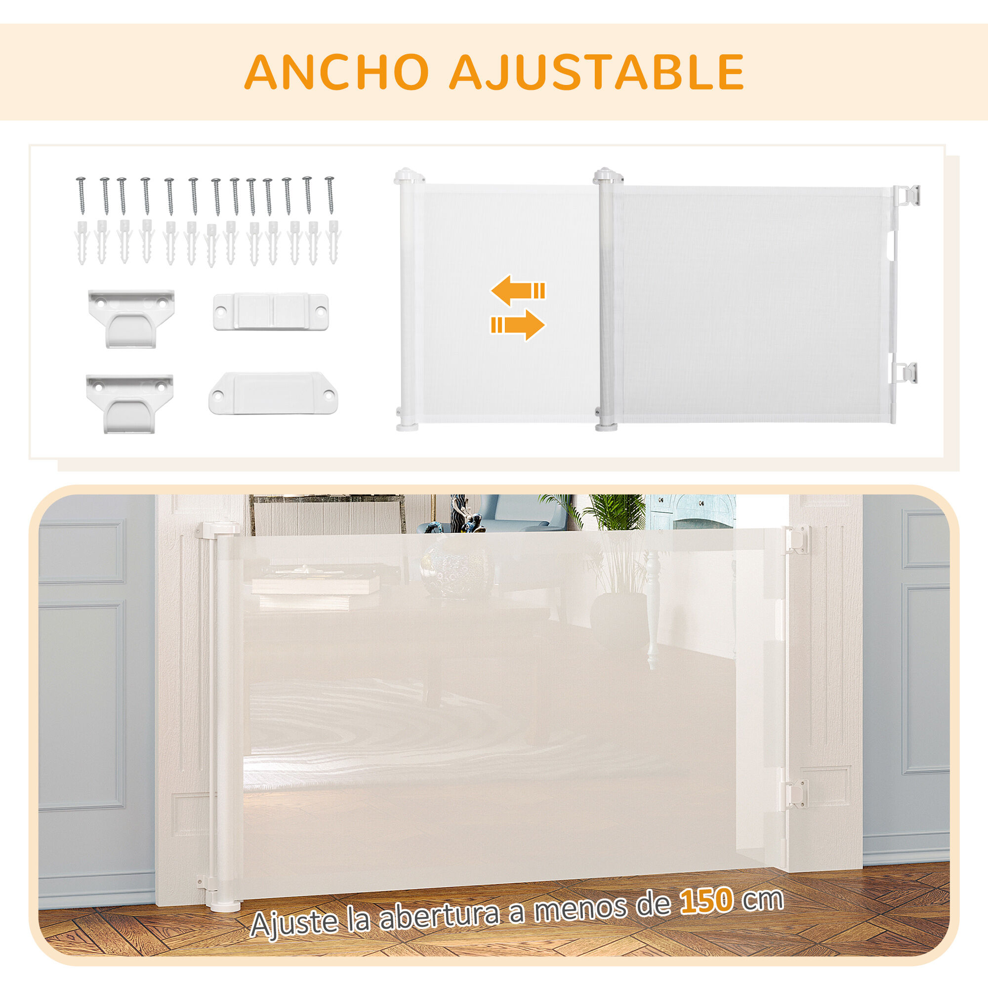 PawHut Puerta de Seguridad para Perros y Gatos Extensible 0-150 cm Puerta Retr&aacute;ctil para Mascotas Barrera para Escaleras y Pasillos Aleaci&oacute;n de Aluminio 165x10,7x85 cm Blanco, , large Imagen numero 5