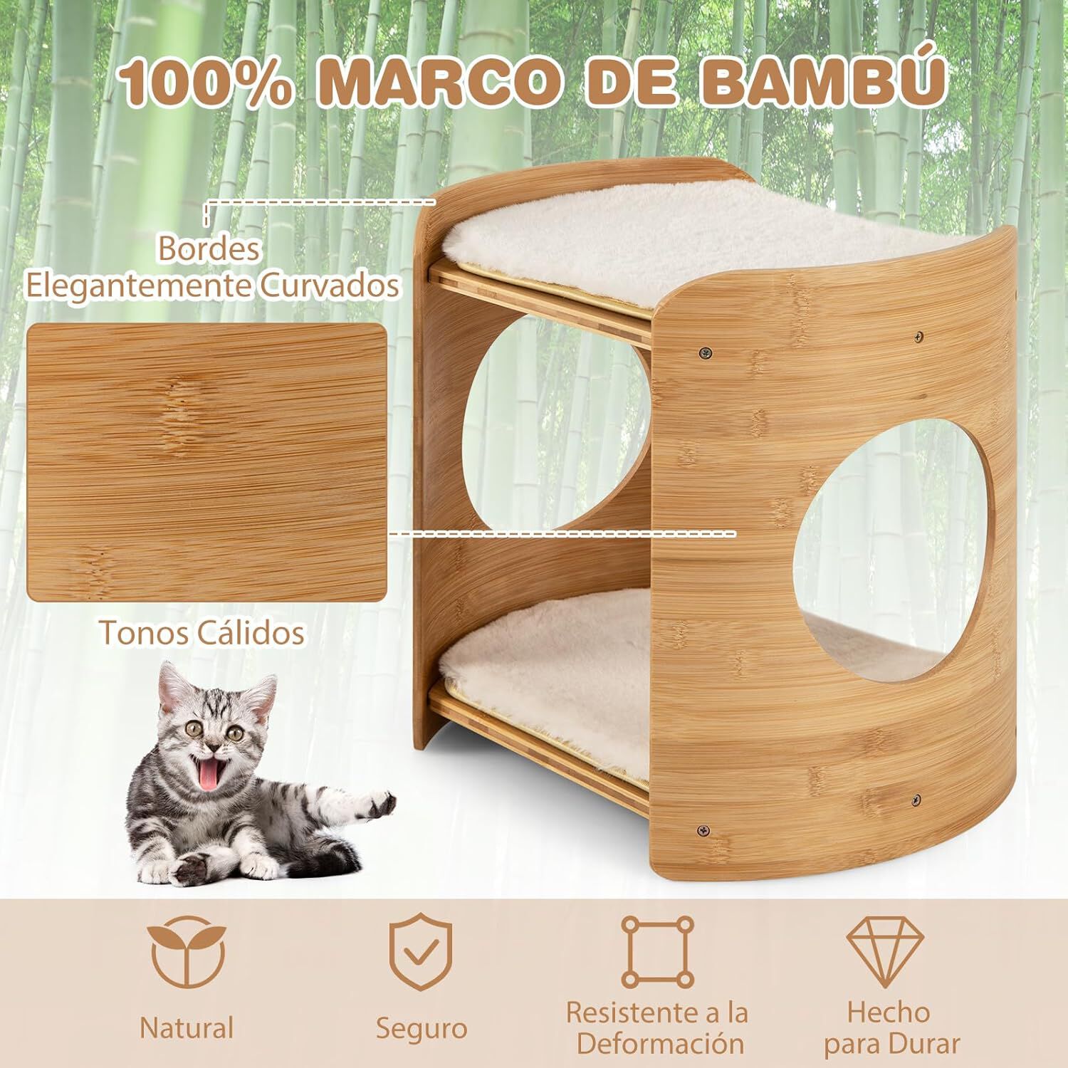 COSTWAY Casa de Gatos de 2 Niveles, Cama de Gato Curva con Marco de Bamb&uacute; Natural, 2 Alfombrillas de Felpa Suaves Extra&iacute;bles y Lavables, 2 Agujeros para Gatos, Natural+Blanco, 40 x 33 x 41 cm, , large Imagen numero 5