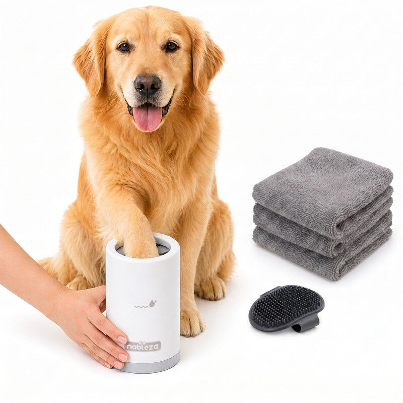 Nobleza Limpiador de Patas para Perros S, Kit de Limpieza 5 en 1 con Lavadora de Silicona Port&aacute;til, Cepillo de Ba&ntilde;o y 3 Toallas, Limpia Barro y Suciedad, 13.5*8.5cm, Gris, , large Imagen numero 3