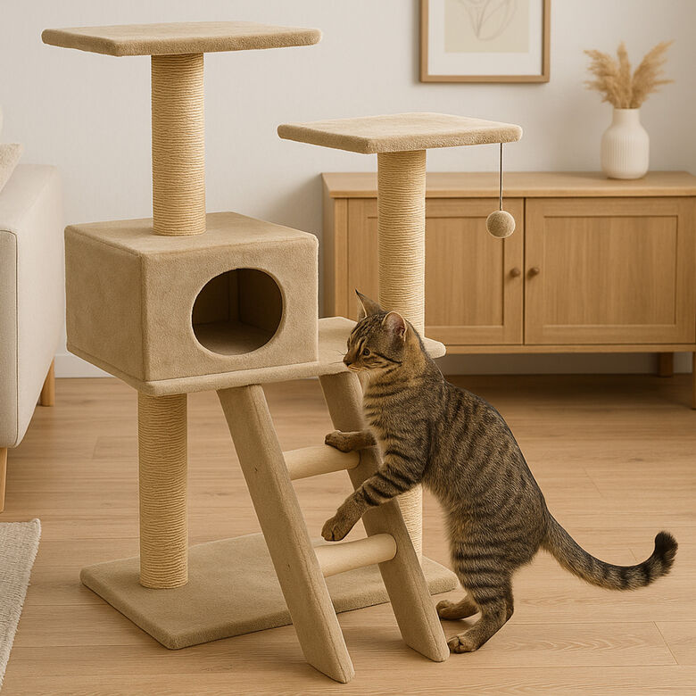 TORRE RASCADOR PARA GATOS EN 4 NIVELES BEIGE CON ESCALERA 49x41x113cm WUAPU MODELO CADI thumbnail