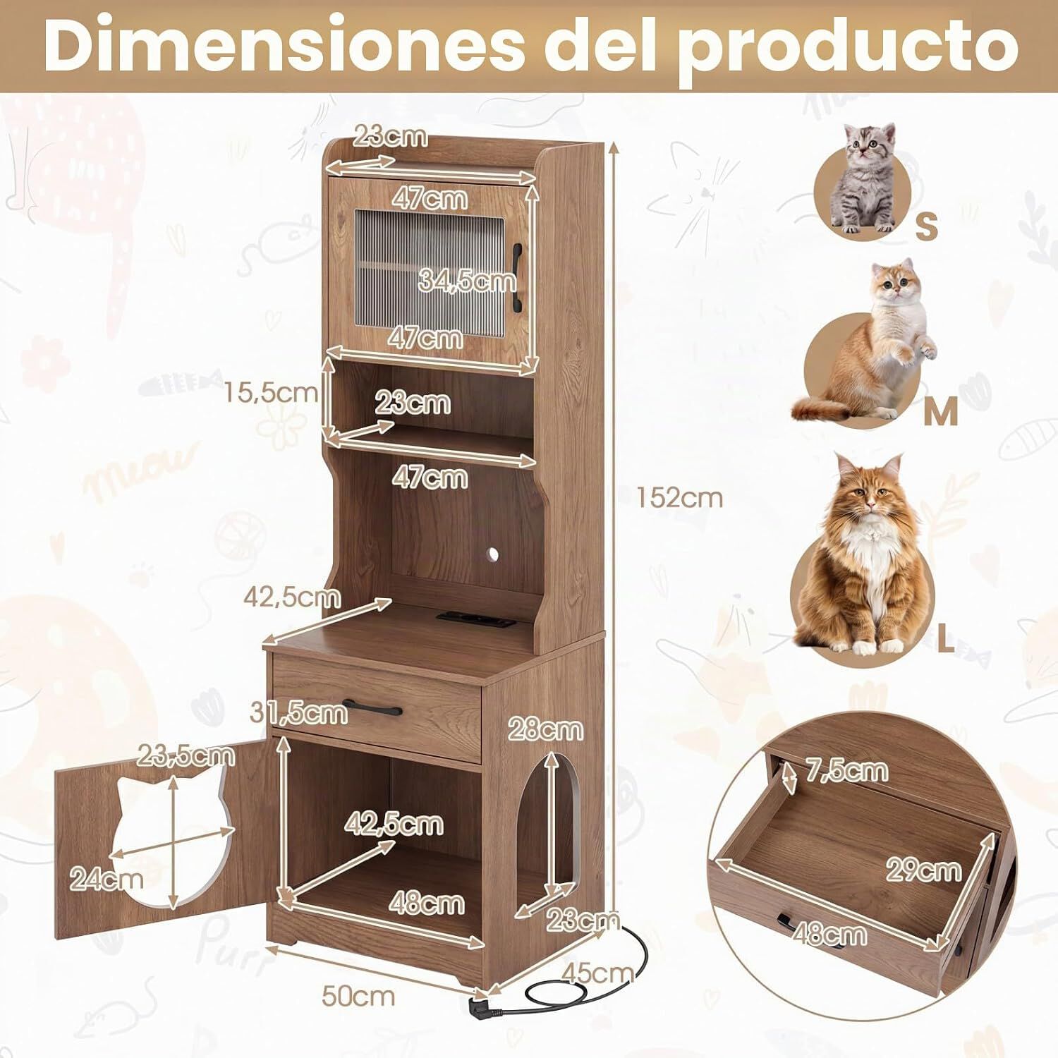 COSTWAY Mueble Arenero Gatos Alto con Luz LED, Armario Arenero para Gatos con Estantes, Estaci&oacute;n de Carga, Caj&oacute;n, 20 Modos de Luz, Control Remoto, Mueble Auxiliar para Gato, 50x45x152cm, Natural, , large Imagen numero 5