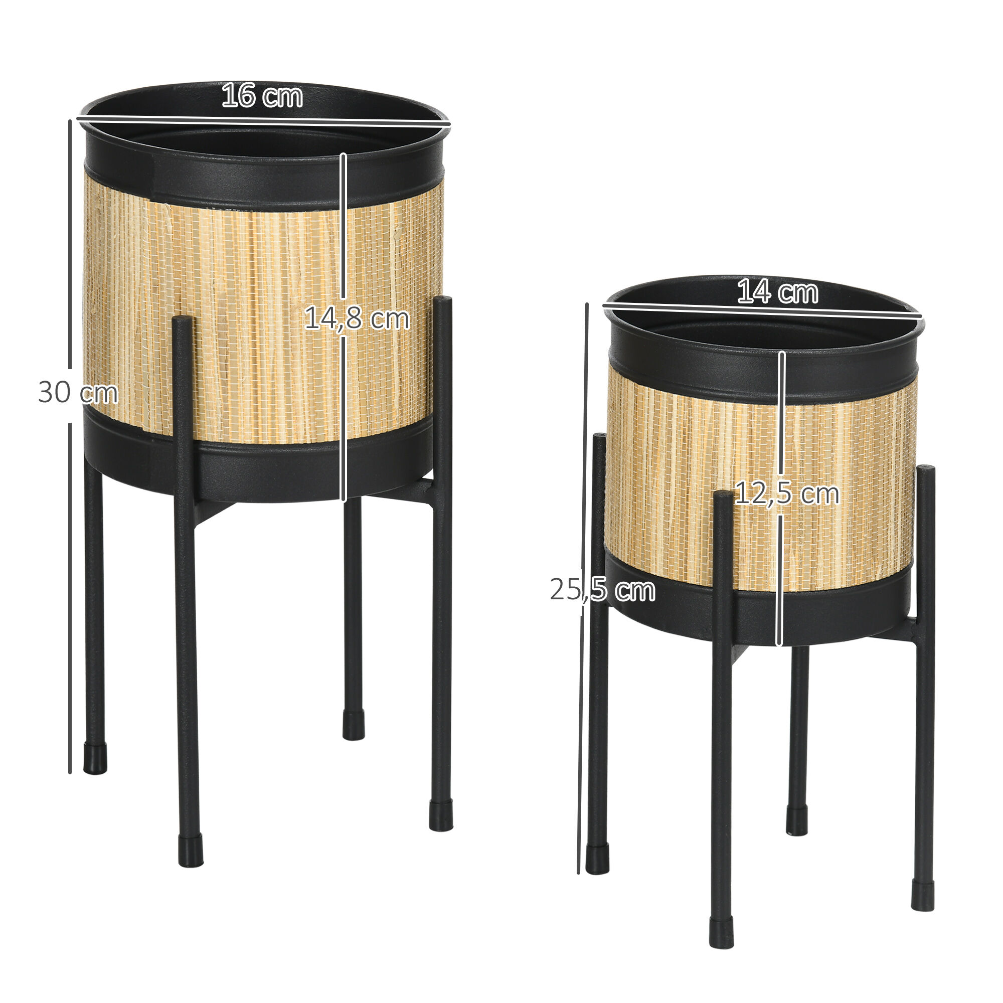 Outsunny Juego de 2 Soportes para Plantas de Metal Cubierta de Totora Soportes para Macetas Maceteros Redondos para Sal&oacute;n Cocina Dormitorio &Oslash;16x30 cm y &Oslash;14x25,5 cm Negro, , large Imagen numero 3