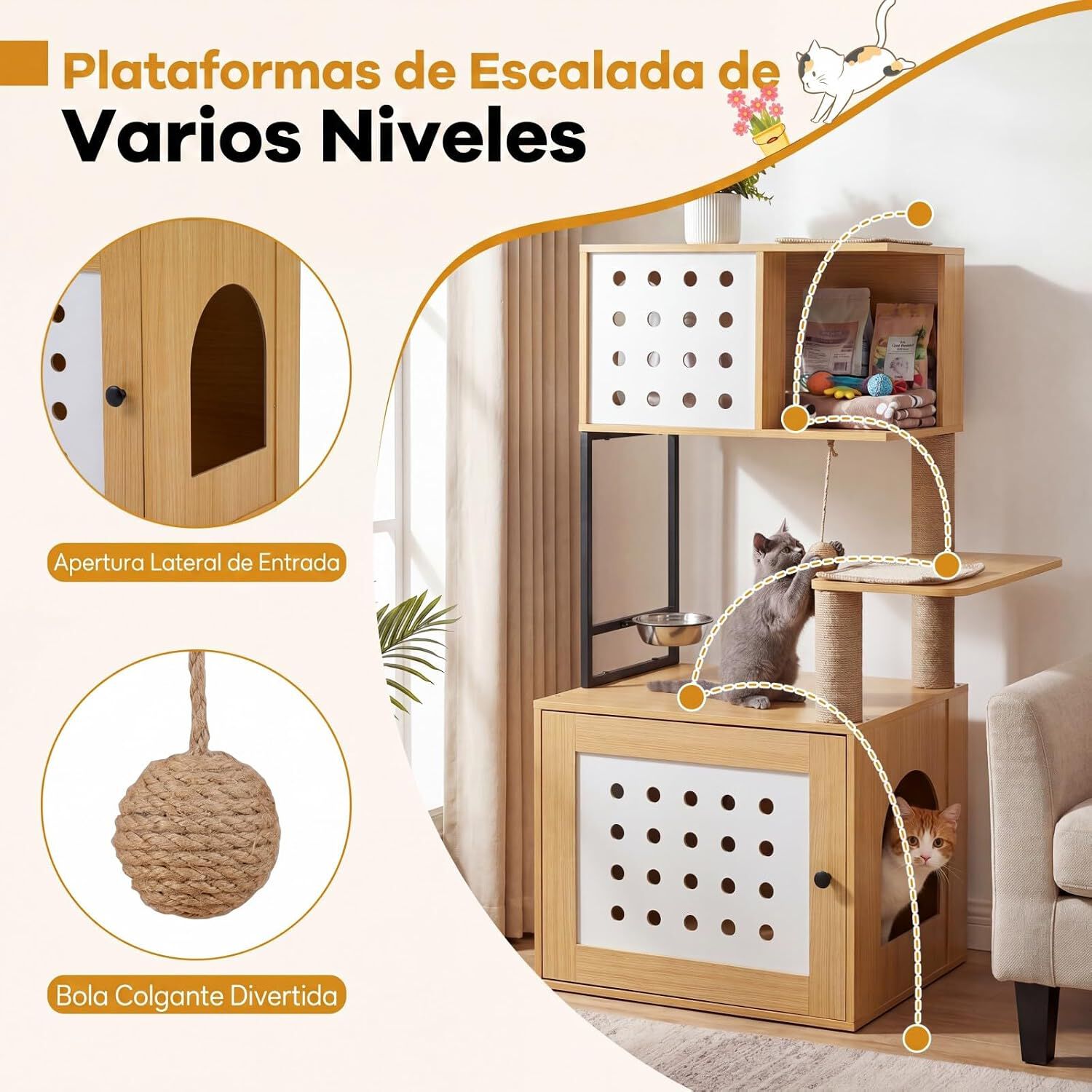 COSTWAY &Aacute;rbol Rascador para Gatos, Torre para Gatos de de M&uacute;ltiples Niveles con Postes Rascadores de Sisal, Condo, Zona de Alimentaci&oacute;n y Bola Colgante y Recinto para Caja de Arena, 117,5 cm (Natural), , large Imagen numero 3