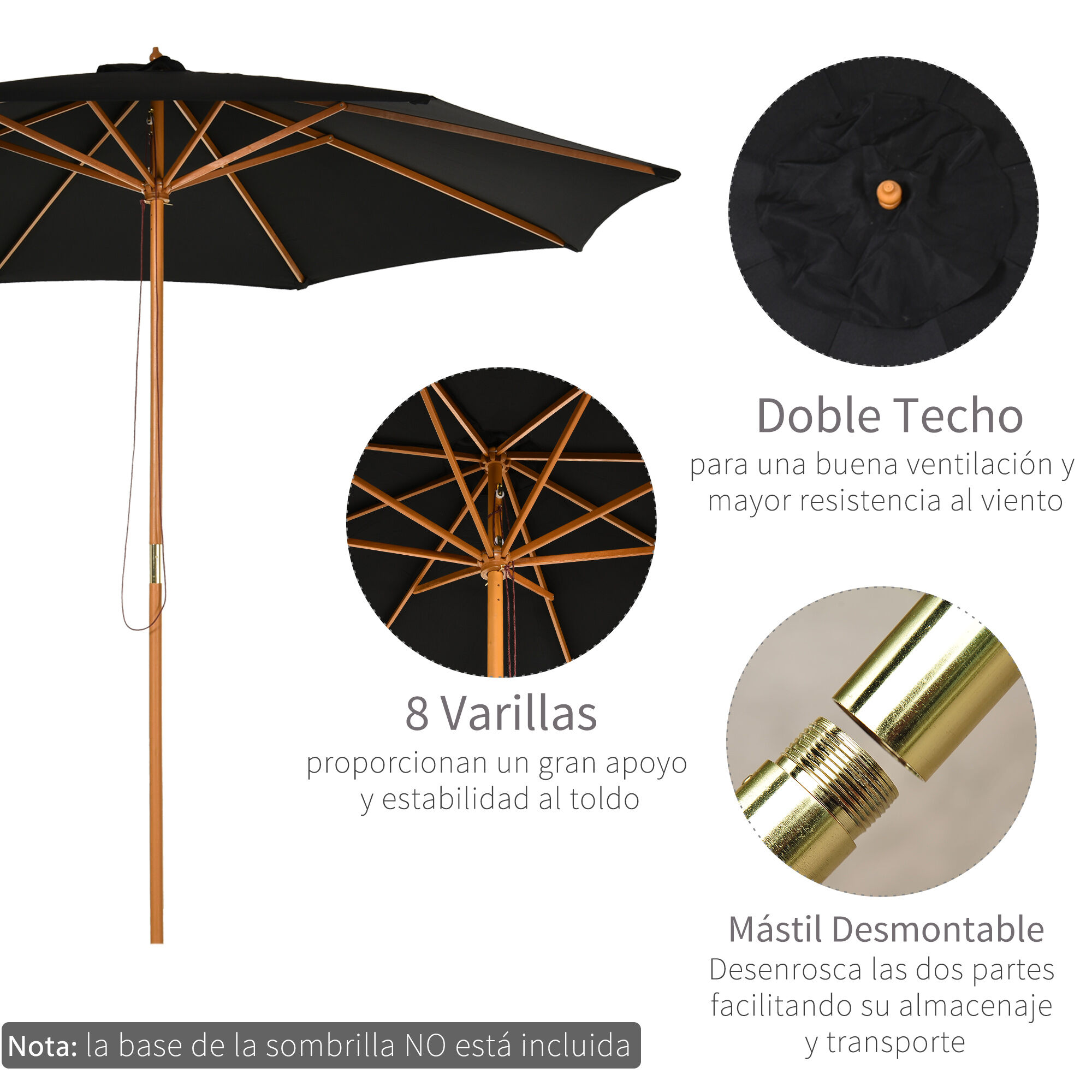 Outsunny Sombrilla Parasol de Jard&iacute;n &Oslash;300x250 cm con Sistema de Pestillo de Fijaci&oacute;n Techo Ventilado y Poste Desmontable de Madera para Terraza Patio Exterior Negro, , large Imagen numero 5