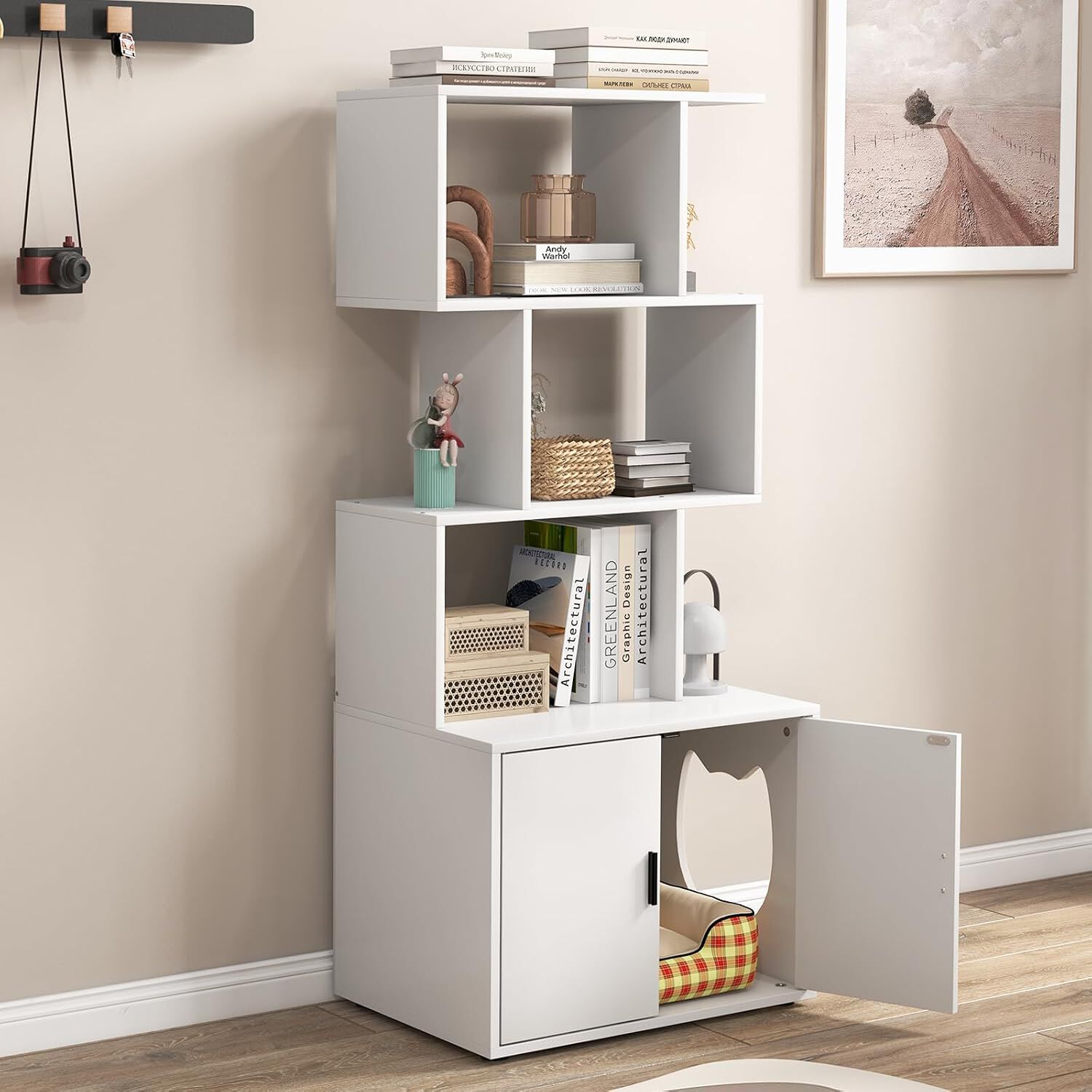 COSTWAY 2 en 1 Caja de Arena para Gatos, Mueble de Ba&ntilde;o Oculto para Gatos con 3 Estantes Abiertos de Almacenaje, con Kit Antivuelco y Almohadilla Ajustable, Casa de Inodoro para Gatos (Blanco), , large Imagen numero 4