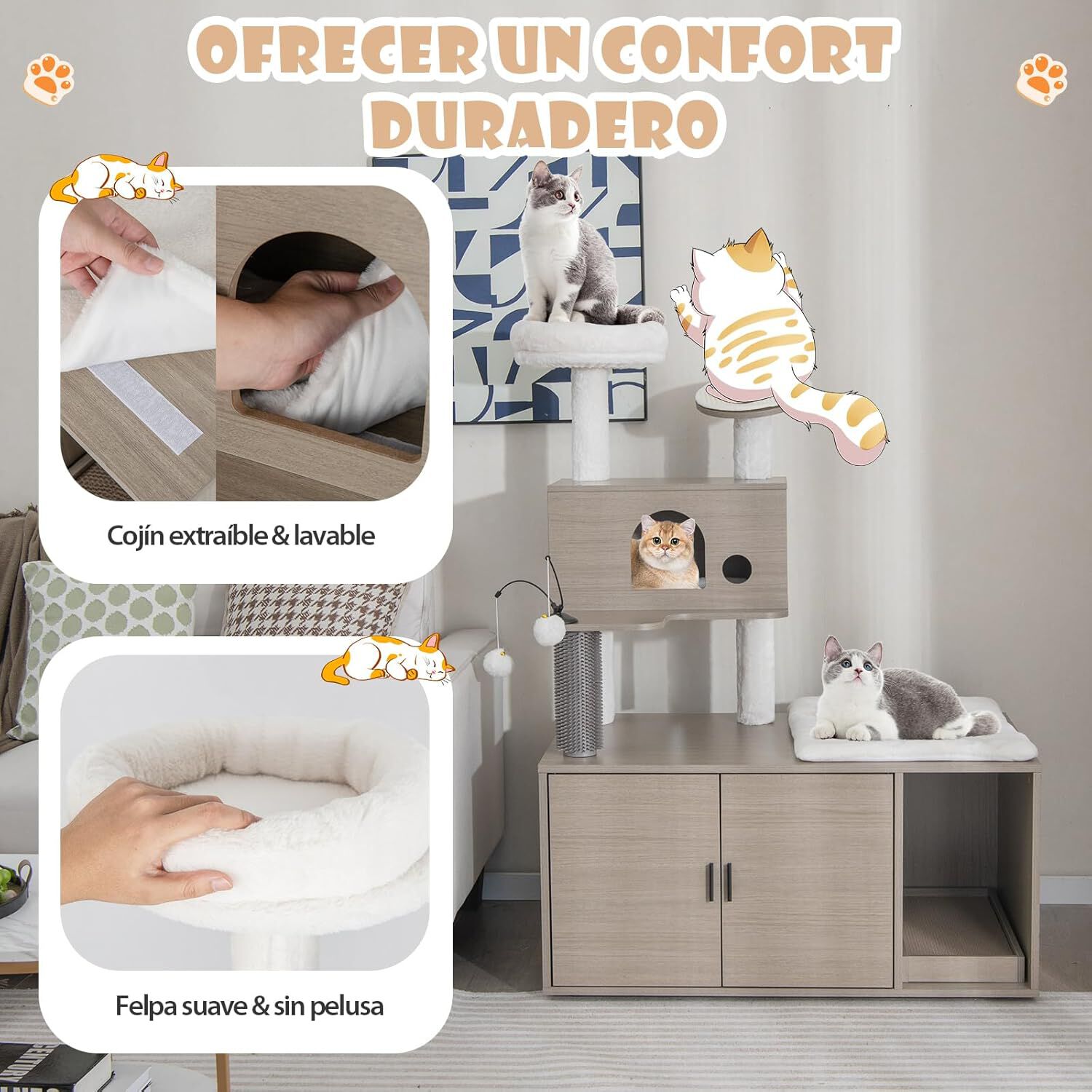 COSTWAY &Aacute;rbol para Gatos con Caja de Arena, Torre para Gatos 2 En 1 con Perca Superior, Tabla para Rascar, Condominios para Gatos, Postes De Sisal, Plataforma, Rampa, Bolas Colgantes (1 Condominio), , large Imagen numero 5