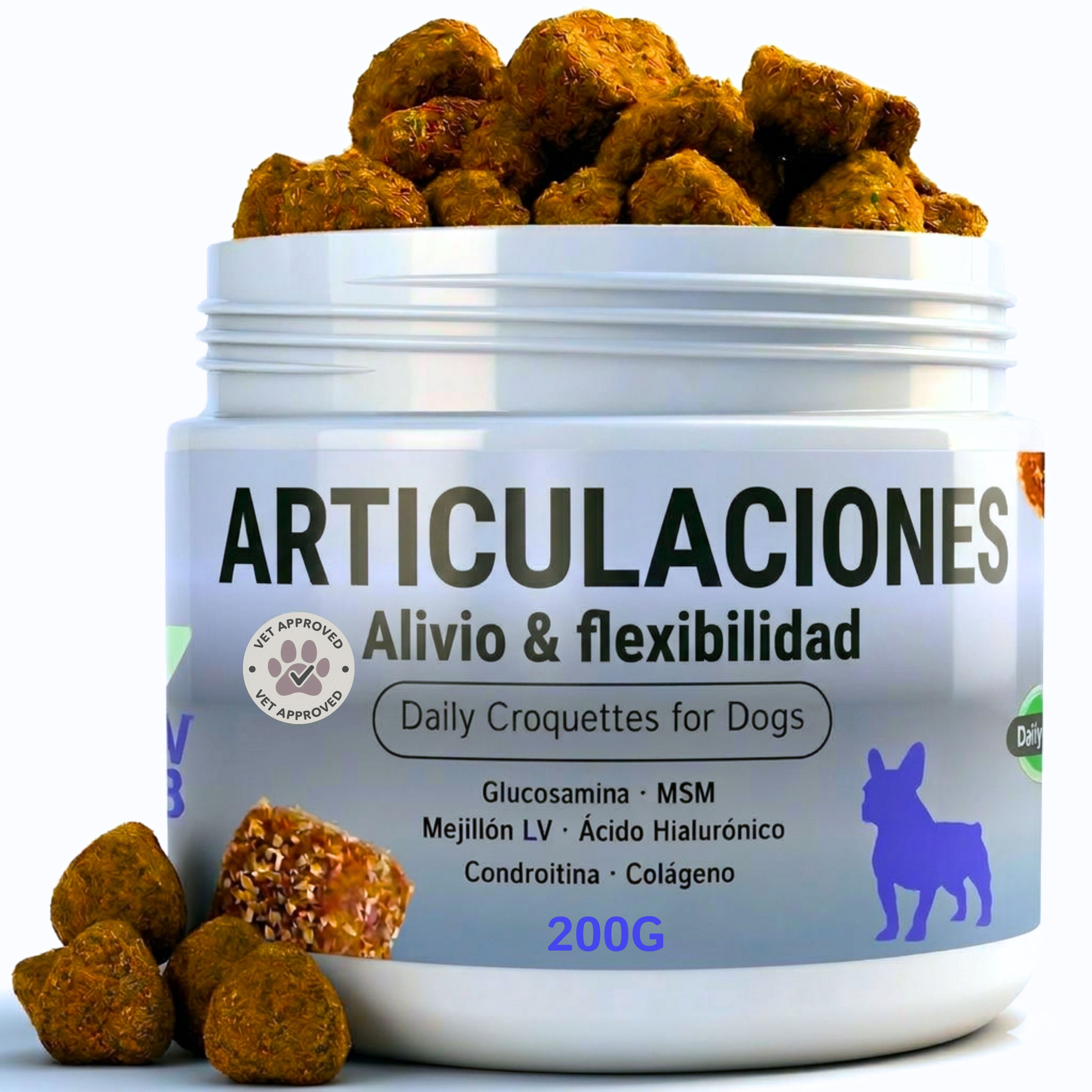 Condroprotector Perros Hecho en Espa&ntilde;a 200 Uds Suplemento 100% Natural C&uacute;rcuma &Aacute;cido Hialur&oacute;nico Mejill&oacute;n Labios Verdes MSM Glucosamina Condroitina Salm&oacute;n Col&aacute;geno | Complemento Articulaciones Perro, , large Imagen numero 1