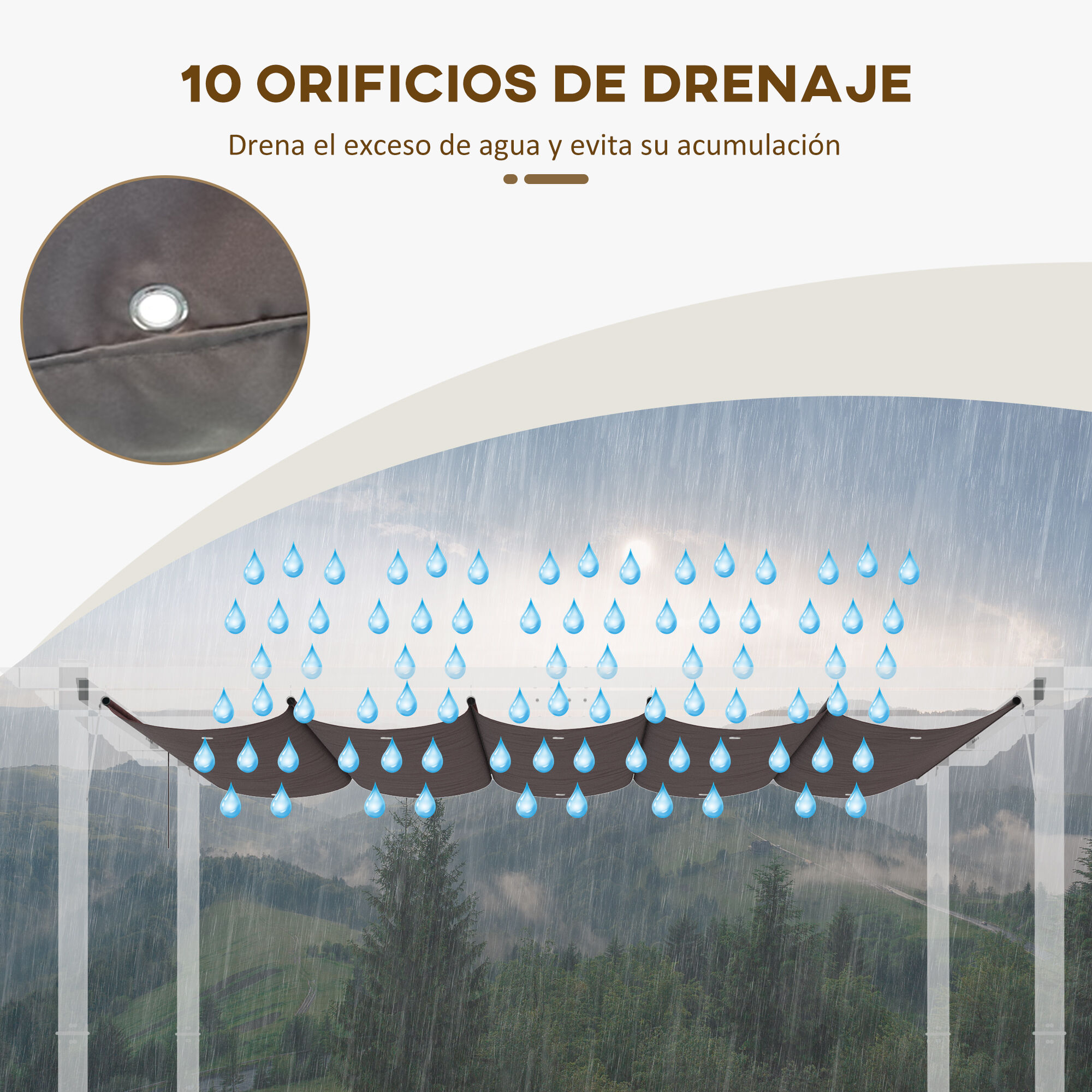 Outsunny Techo de P&eacute;rgola 2,5x2,55 m Techo de Repuesto Retr&aacute;ctil para Sombrilla Toldo de Tela para Cenador Jard&iacute;n con 10 Orificios de Drenaje Caf&eacute;, , large Imagen numero 5