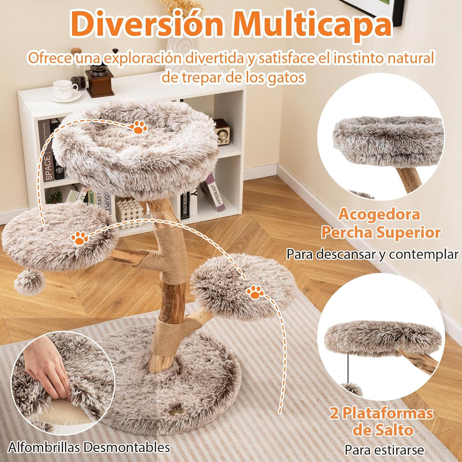 COSTWAY Rascador para Gatos, &Aacute;rbol para Gatos de Madera, Torre para Gatitos con Tronco de Peral S&oacute;lido con Plataforma, Centro de Actividades Moderno con Postes para Rascar de Sisal (Marr&oacute;n, 105 cm), , large Imagen numero 3