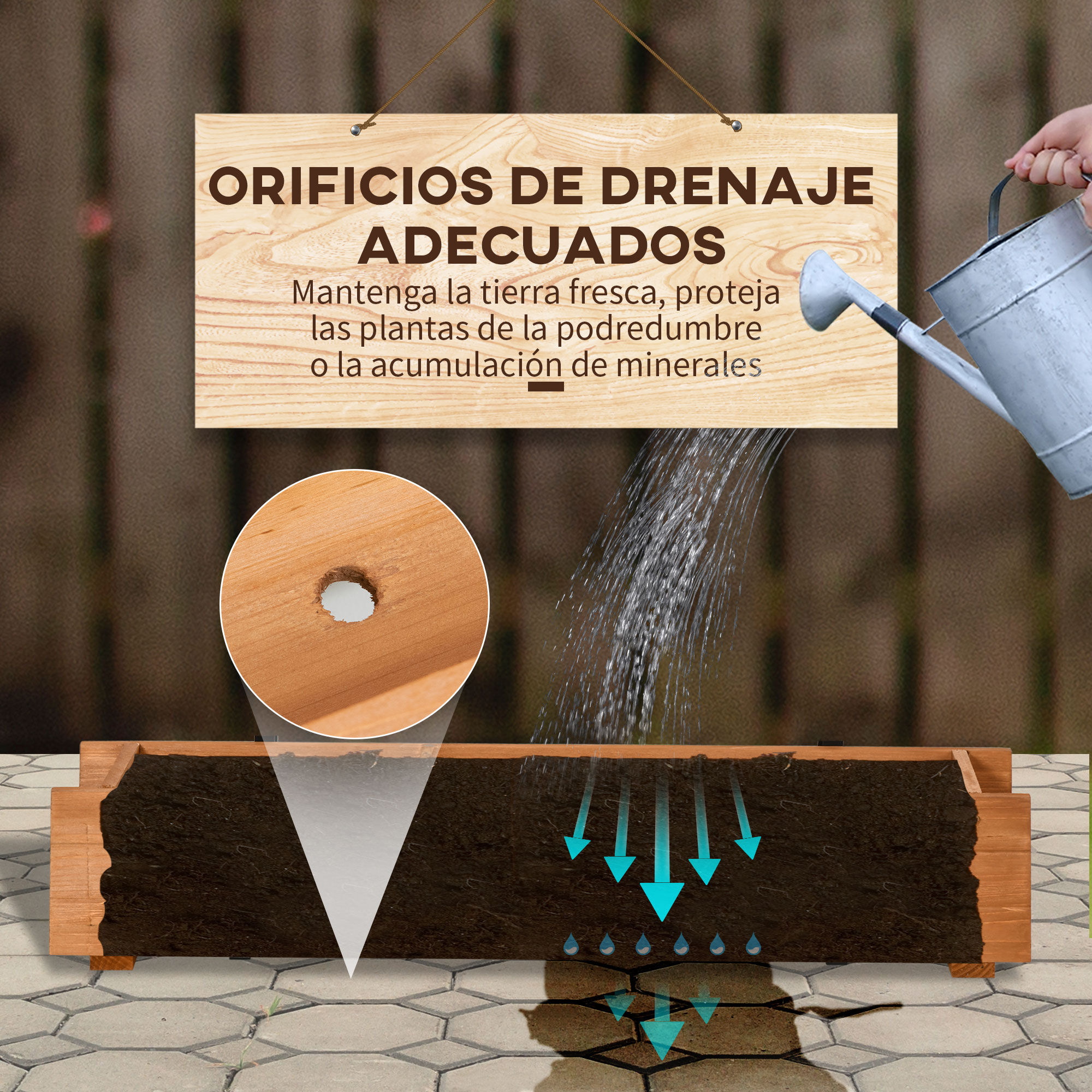 Outsunny Arriate de Madera de Suelo o Pared Jardinera Rectangular Huerto Urbano con 2 Orificios de Drenaje y 2 Ganchos para Cultivos Plantas Flores en Jard&iacute;n Terraza 91x18x16,5 cm Natural, , large Imagen numero 5