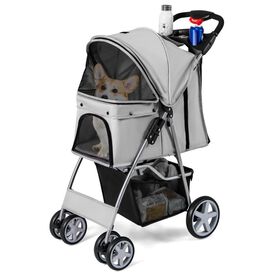COSTWAY Cochecito Plegable de 5 Ruedas, Transportín de Viaje Portátil con Cesta de Almacenaje, Ventana de Malla, Cremallera & Portavasos, para Mascotas Pequeñas y Medianas, Gris