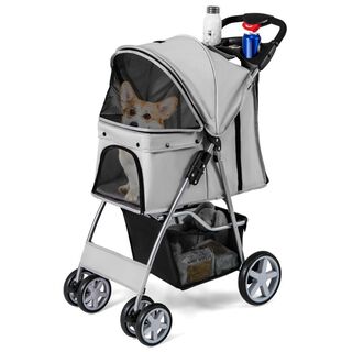 COSTWAY Cochecito Plegable de 5 Ruedas, Transportín de Viaje Portátil con Cesta de Almacenaje, Ventana de Malla, Cremallera & Portavasos, para Mascotas Pequeñas y Medianas, Gris