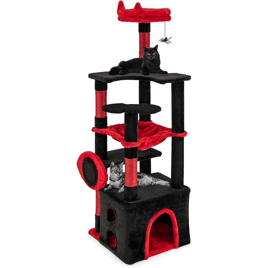 COSTWAY Rascador para Gatos G&oacute;tico de 133 cm, &Aacute;rbol para Gatos con Percha de Felpa, Juguete Colgante de Ara&ntilde;a, Tablero de Rascado, Hamaca, Plataformas Espeluznantes, Mueble Multinivel para Gatos, , large Imagen numero 1