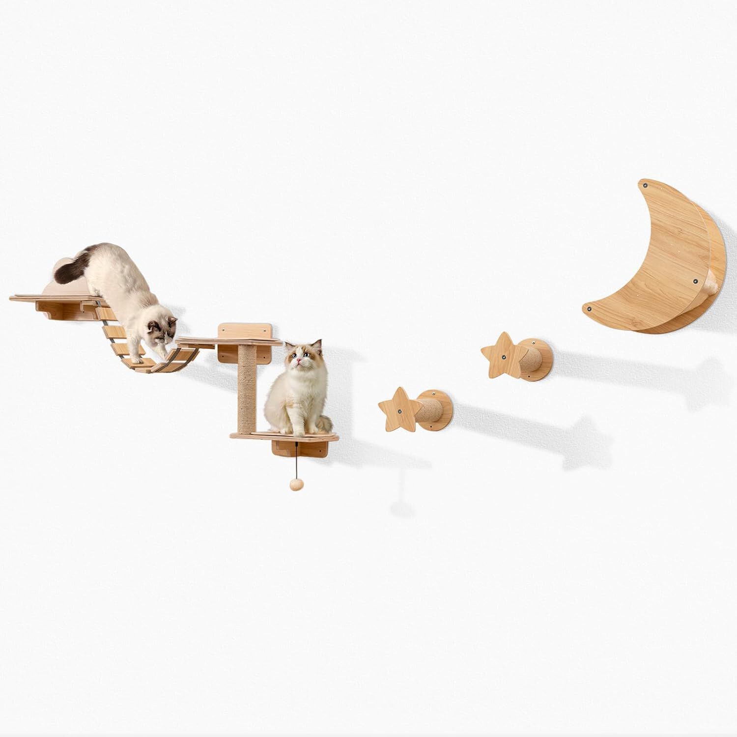 COSTWAY Juego de Muebles de Pared para Gatos de 6 Piezas, Estantes con Hamaca, Puente y Árbol de 2 Niveles, Parque de Juegos con Postes Rascadores y Juguetes, Ideal para Gatitos de Interior, Beige