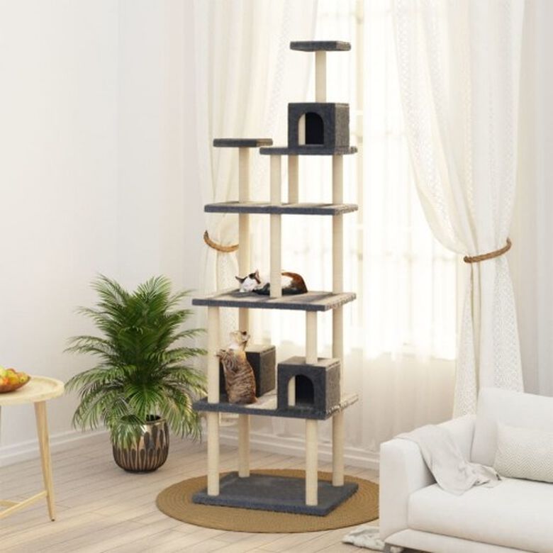 Vidaxl rascador árbol 6 plantas con 3 casas gris oscuro para gatos thumbnail
