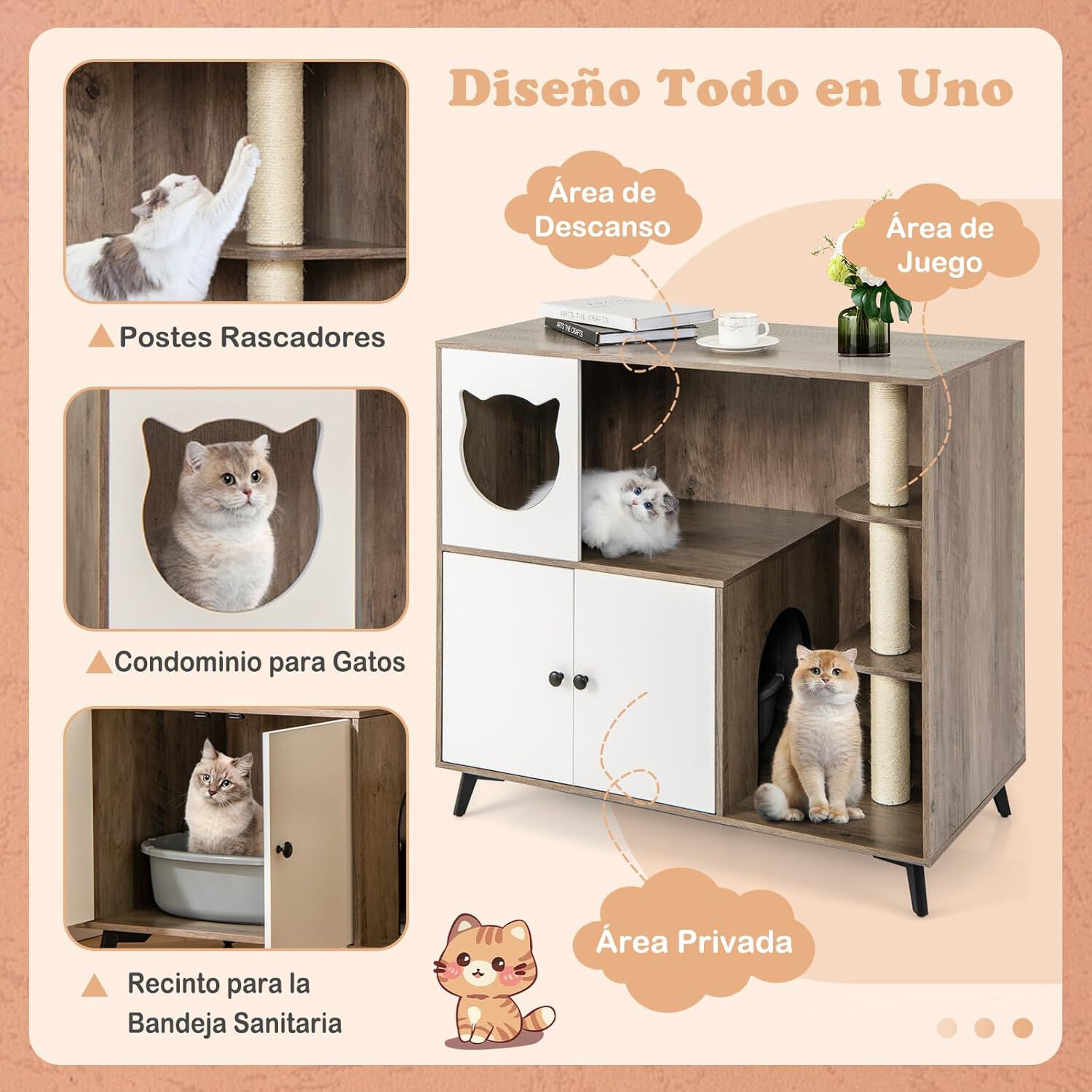 COSTWAY Mueble Arenero para Gatos con 3 Postes Rascadores de Sisal, Condominio para Gatos, Mueble para Caja de Arena 5 en 1 con Ba&ntilde;o Oculto para Gato, Carga 30 kg, Gris y Blanco, , large Imagen numero 3