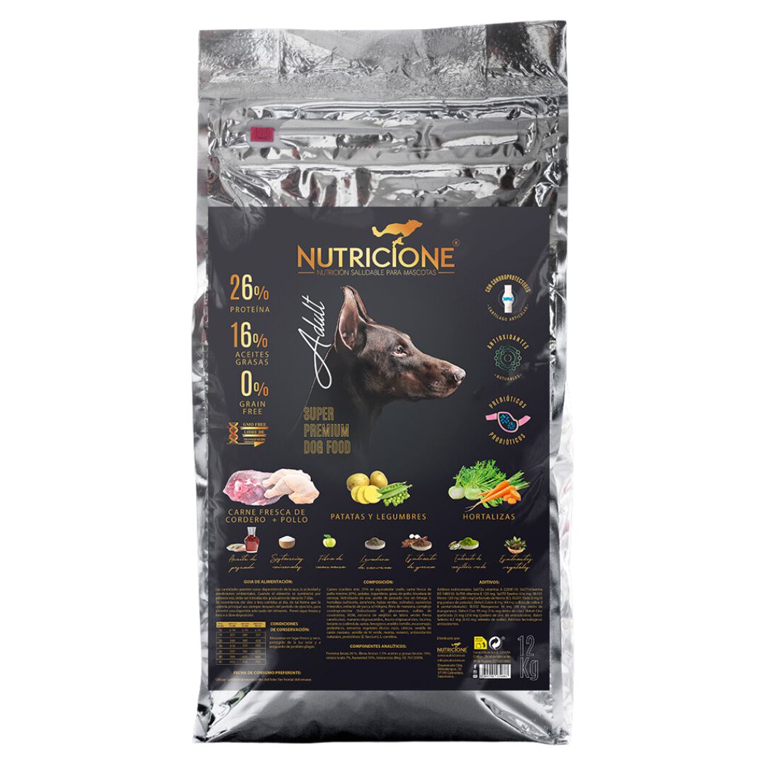 Nutricione Pienso sin cereal carne fresca de cordero y pollo para perro adulto.