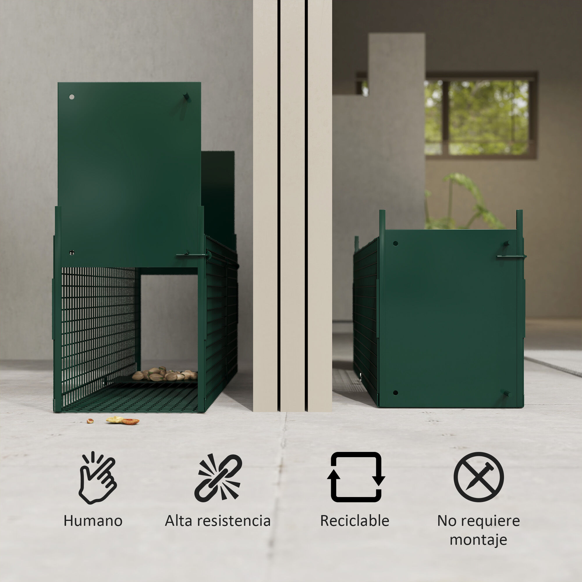 Outsunny Trampa para Animales Vivos con 2 Puertas Jaula de Captura Met&aacute;lica con Asa para Conejos Visones Zorros Peque&ntilde;os 80x25x30 cm Verde Oscuro, , large Imagen numero 5