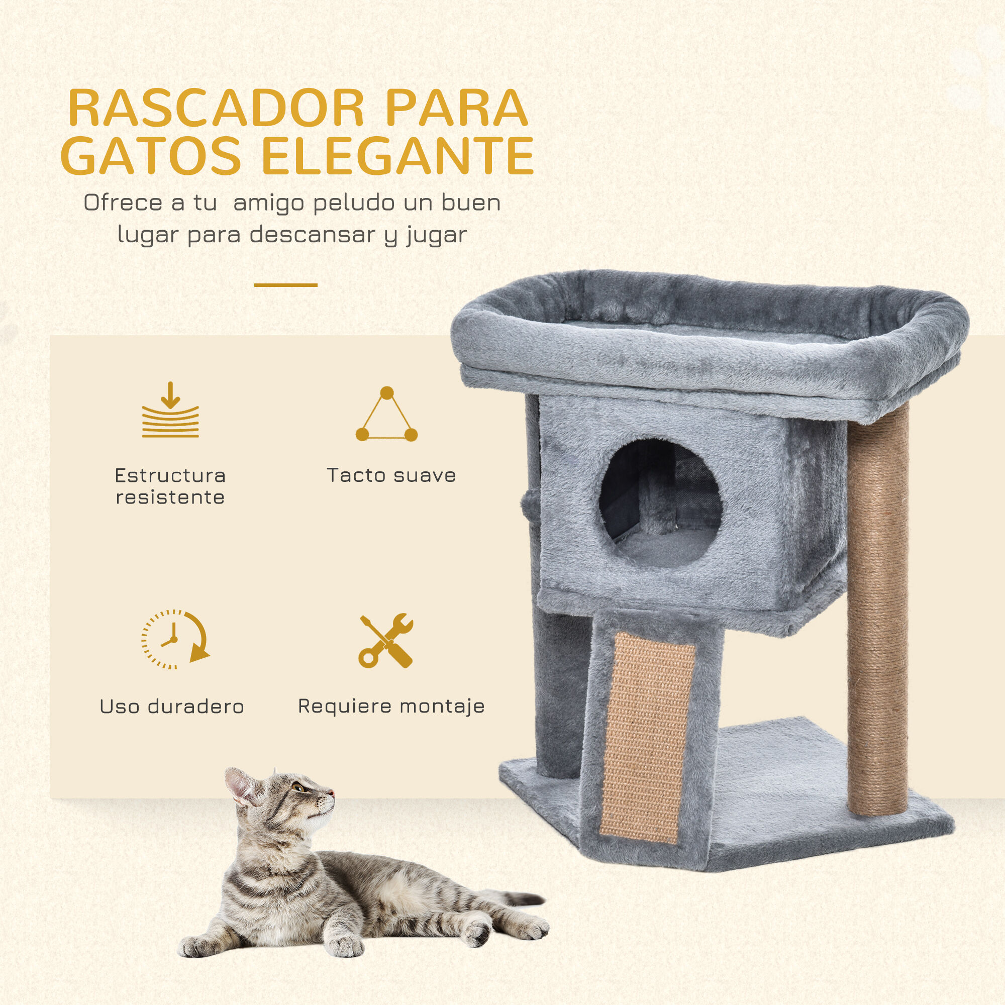 PawHut &Aacute;rbol Rascador para Gatos Peque&ntilde;os de 57 cm Torre para Gatos con Poste de Yute Rampa para Rascar Cama y Bola Colgante 40x40x57 cm Gris, , large Imagen numero 4