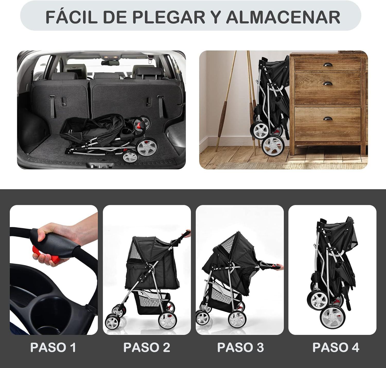 COSTWAY Cochecito para Mascotas Plegable, Cochecito de Mascotas de 4 Ruedas para Gatos/Perros, Carrito para Gatos con Cesta de Almacenamiento para Mascotas, Ventana de Malla, impermeable (Negro), , large Imagen numero 5
